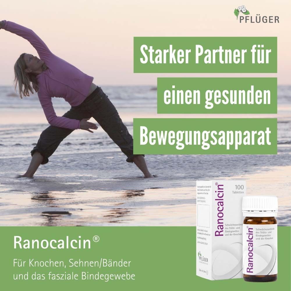 Werbung mit Frau beim Yoga am Strand. Produktverpackung und Flasche. Text: Starker Partner für einen gesunden Bewegungsapparat.