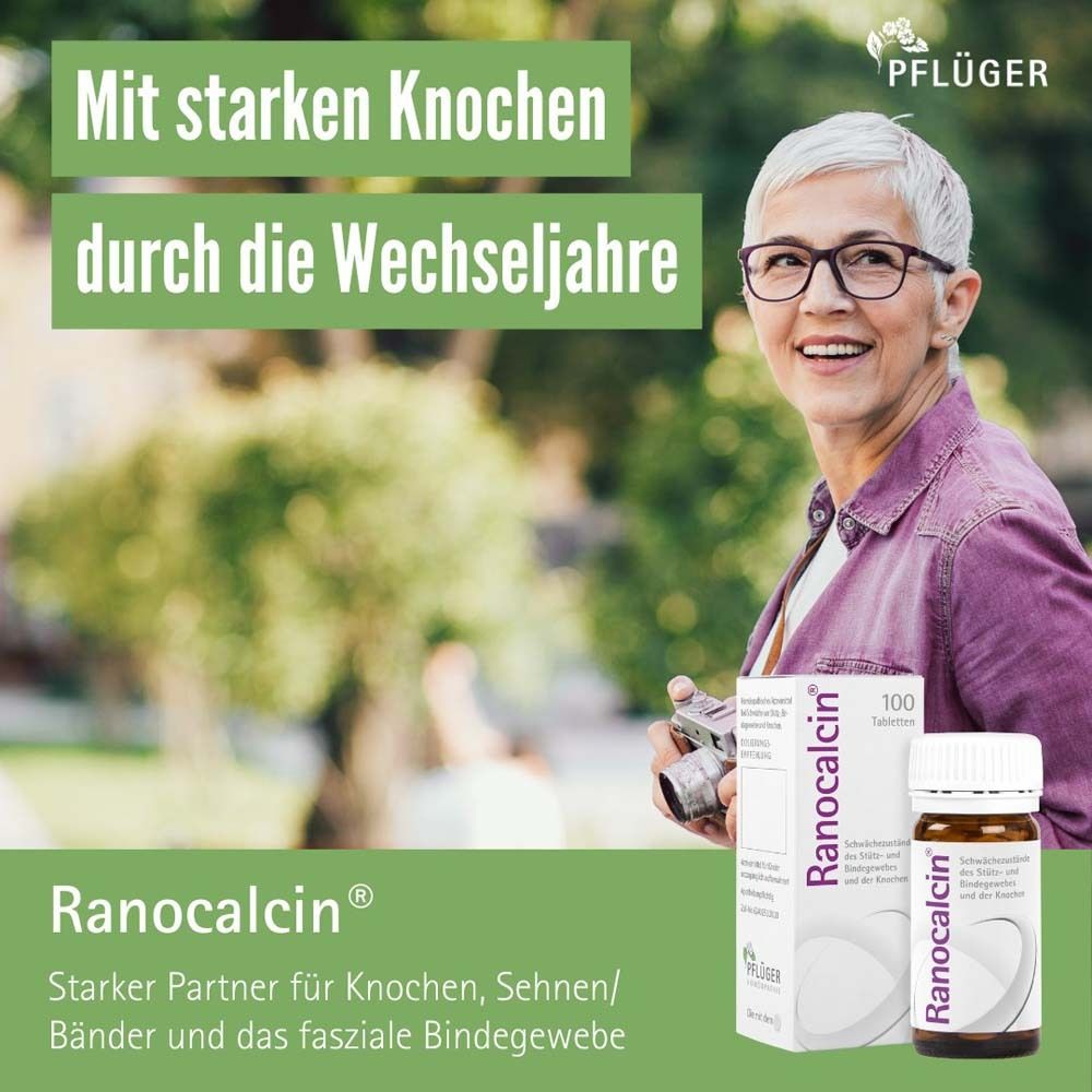 Werbung mit älterer Frau. Produktverpackung und Flasche. Text: Mit starken Knochen durch die Wechseljahre. Für Knochen, Sehnen, Bänder.