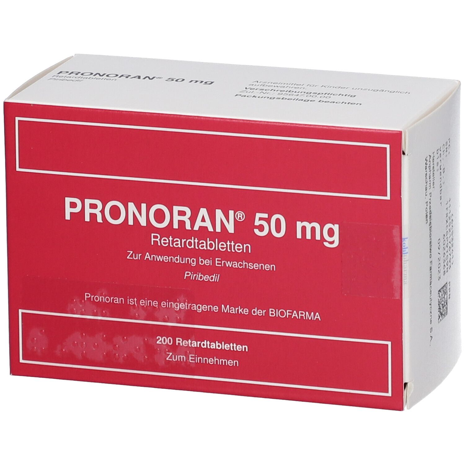 Verpackung von Pronoran 50 mg Retardtabletten. Rote und weiße Schachtel mit Produktnamen und Dosierung. 200 Tabletten.