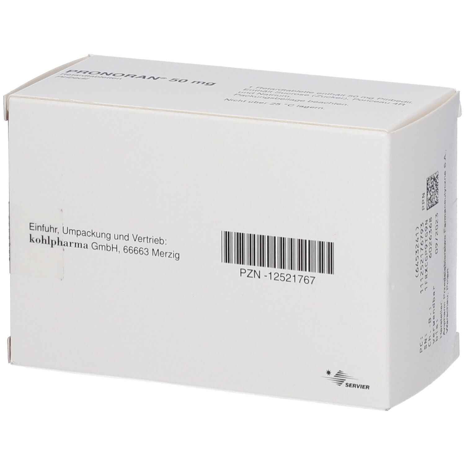 Rückseite der Verpackung von Pronoran 50 mg Retardtabletten. Weiße Schachtel mit Barcode und Herstellerinformationen.