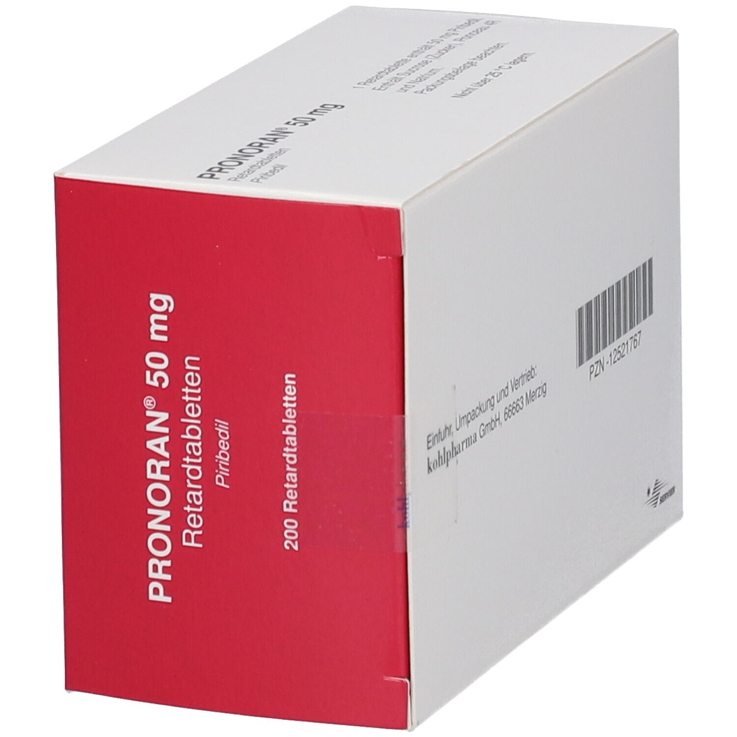 Schrägansicht der Verpackung von Pronoran 50 mg Retardtabletten. Rote und weiße Schachtel mit Produktinformationen.