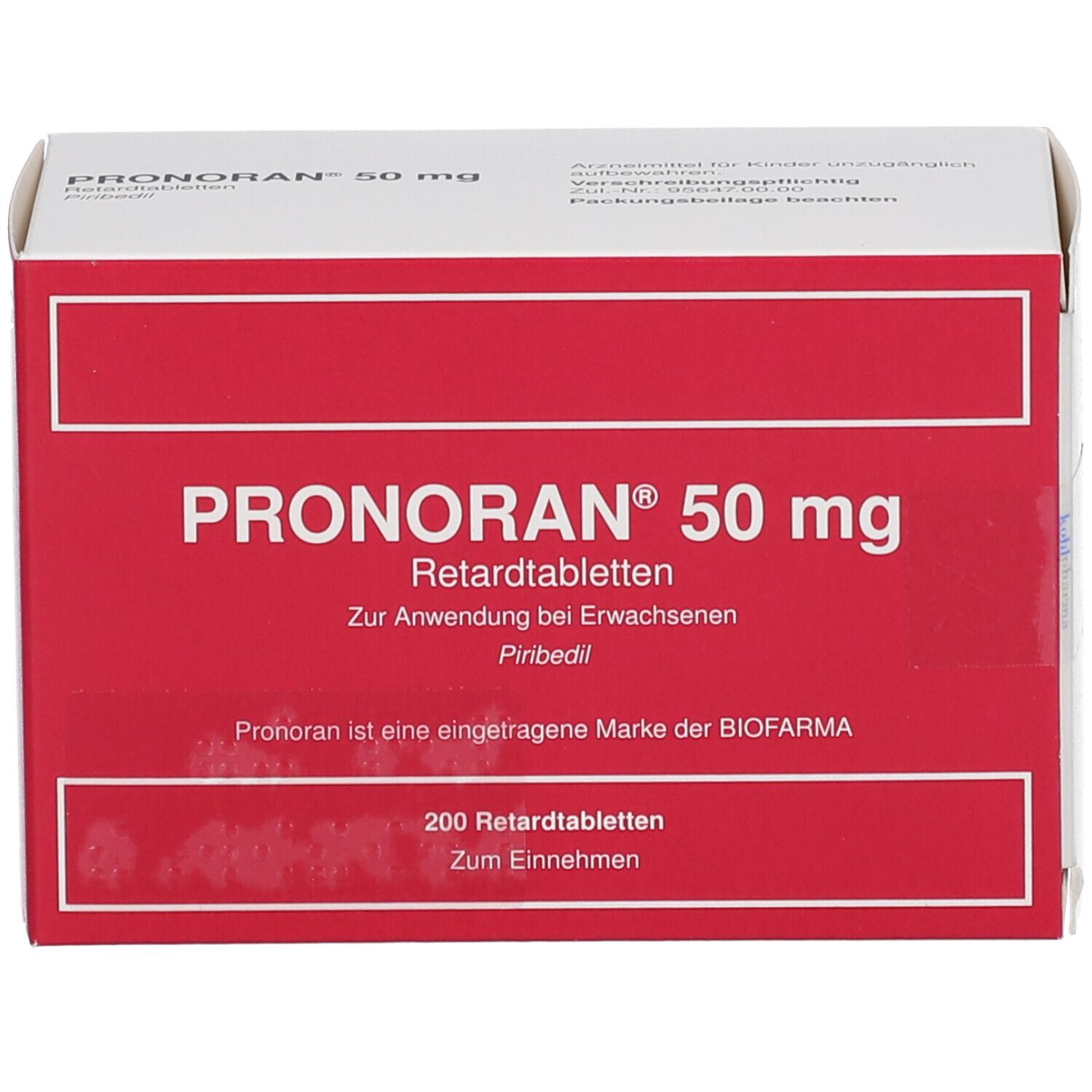 Verpackung von Pronoran 50 mg Retardtabletten. Rote und weiße Schachtel mit Produktnamen und Dosierung. 200 Tabletten.