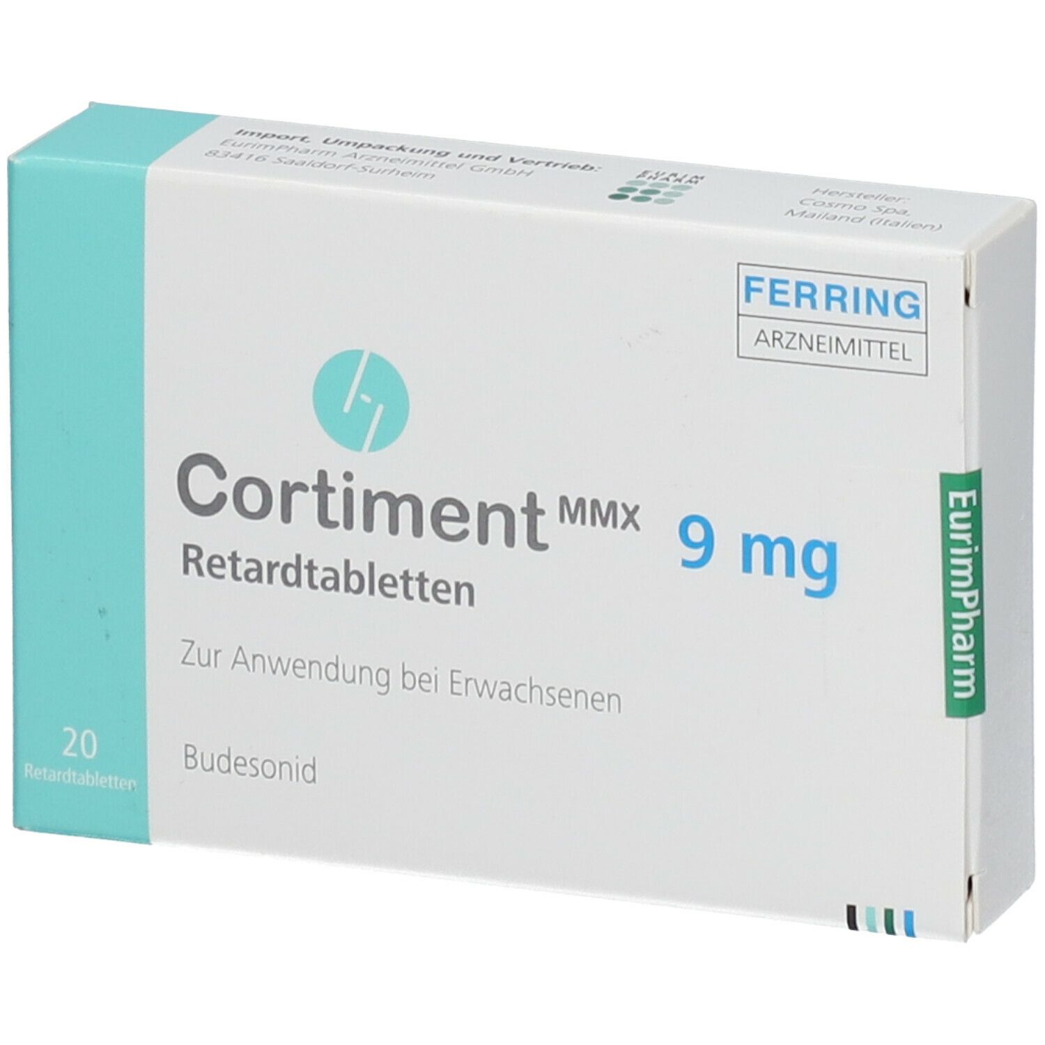 Schachtel mit Cortiment MMX 9 mg Retardtabletten. Aufschrift: 20 Retardtabletten, Budesonid. Hersteller: Ferring Arzneimittel.