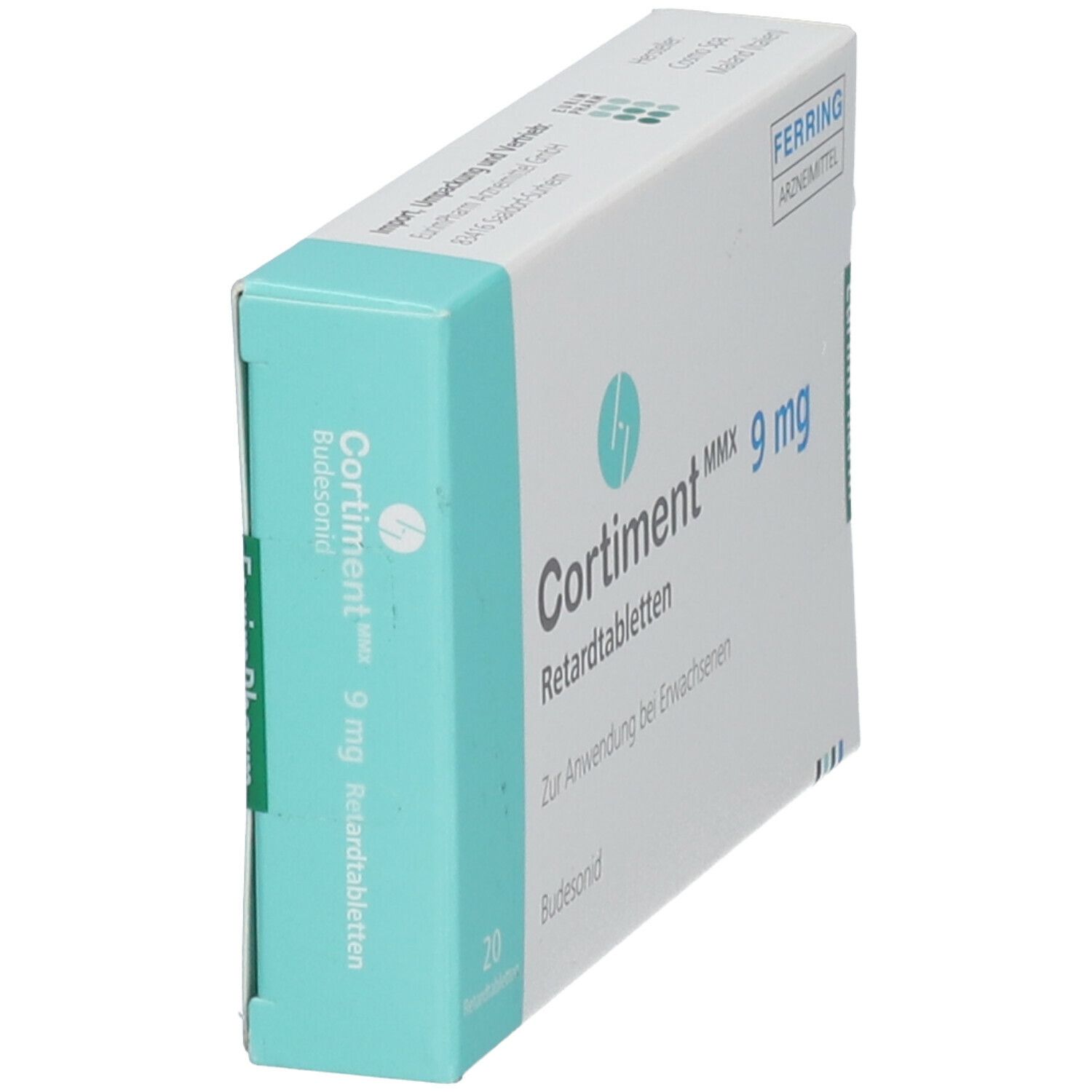 Schachtel Cortiment MMX 9 mg Retardtabletten, seitliche Ansicht. Aufschrift: 20 Retardtabletten, Budesonid. Hersteller: Ferring Arzneimittel.