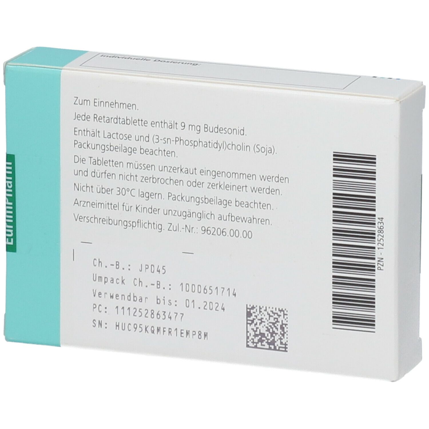 Rückseite der Schachtel Cortiment MMX 9 mg Retardtabletten. Textinformationen, Barcode, Chargennummer, Verfallsdatum. Hersteller: Ferring Arzneimittel.