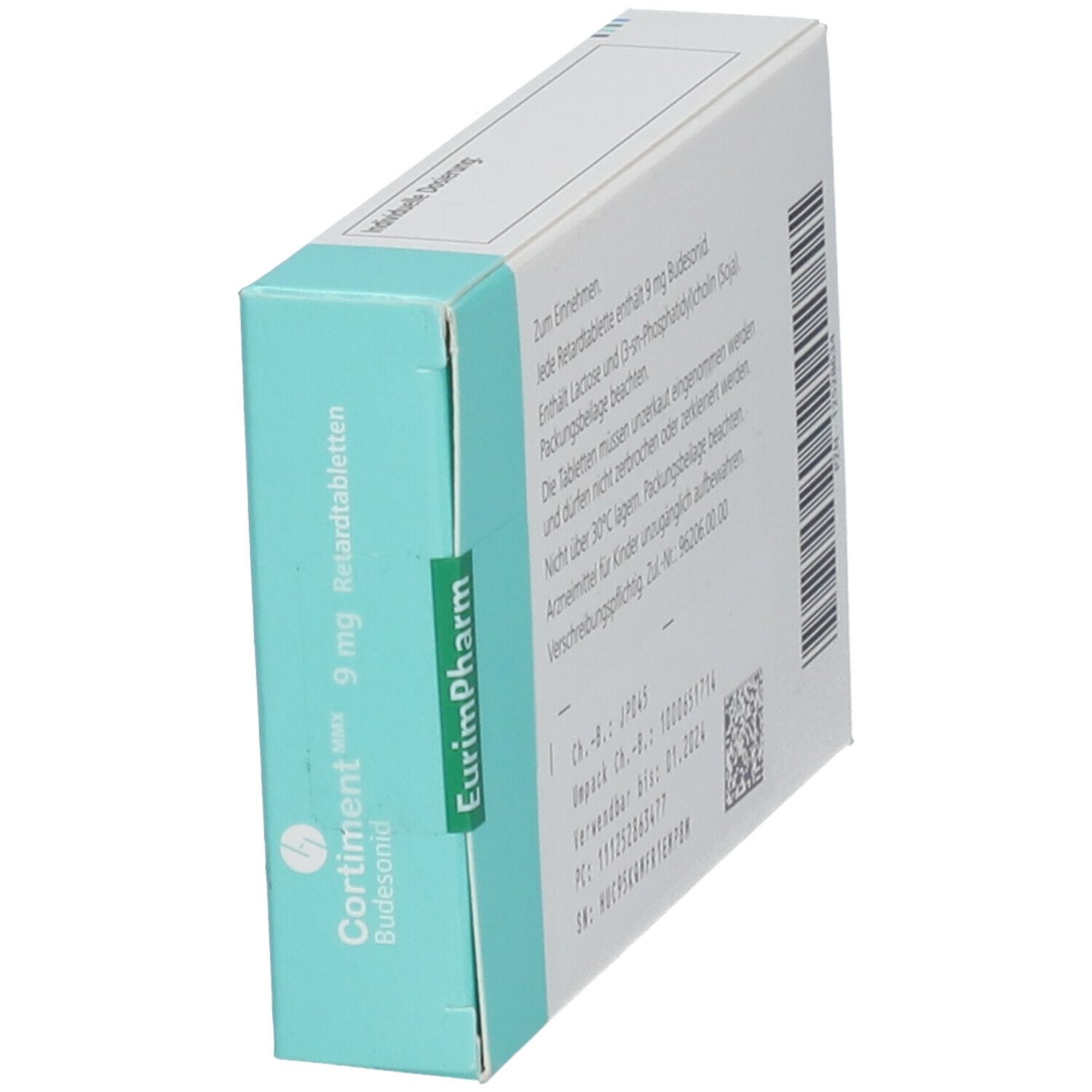 Schachtel Cortiment MMX 9 mg Retardtabletten, seitliche Ansicht. Textinformationen, Barcode, Verfallsdatum. Hersteller: Ferring Arzneimittel.