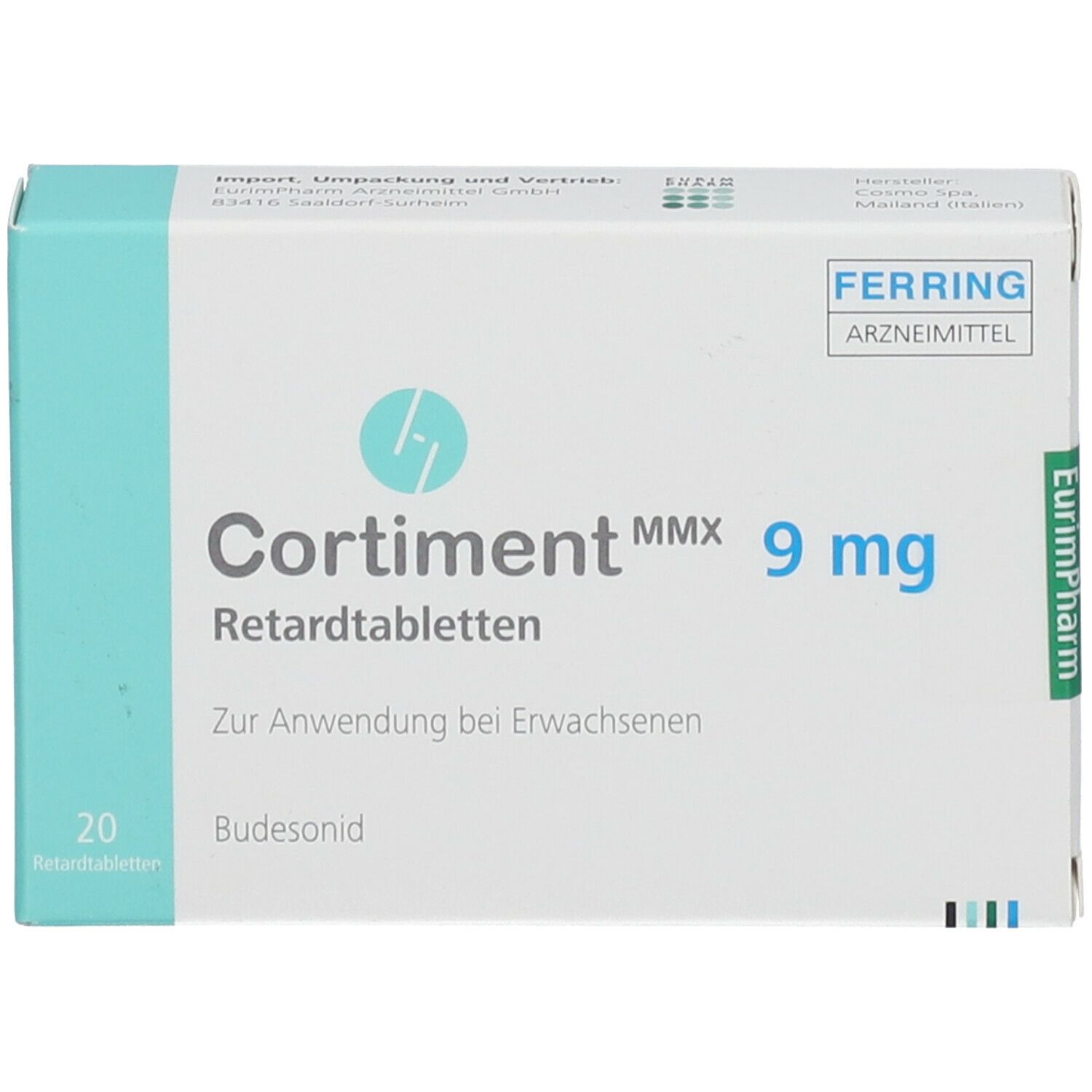 Schachtel mit Cortiment MMX 9 mg Retardtabletten. Aufschrift: 20 Retardtabletten, Budesonid. Hersteller: Ferring Arzneimittel.
