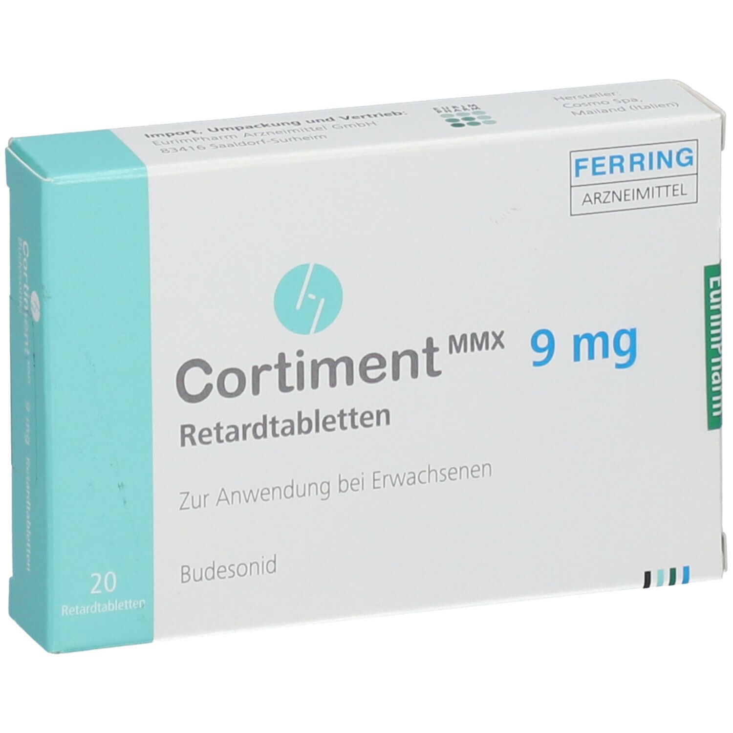 Schachtel mit Cortiment MMX 9 mg Retardtabletten. Aufschrift: 20 Retardtabletten, Budesonid. Hersteller: Ferring Arzneimittel.