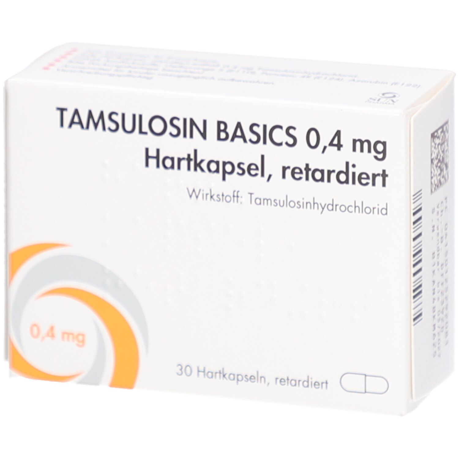 Weißer Karton mit Aufschrift Tamsulosin Basics 0,4 mg. Enthält 30 Hartkapseln. Orangefarbenes Designelement.