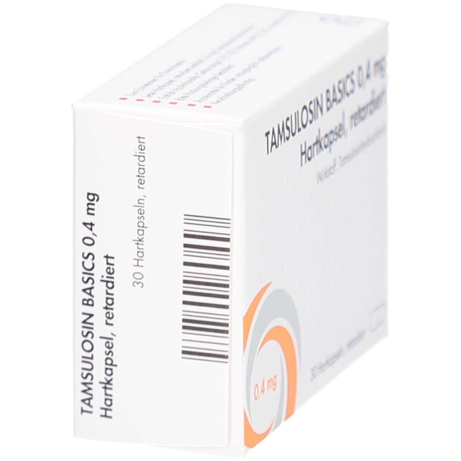 Schräg stehende weiße Medikamentenverpackung mit Aufschrift Tamsulosin Basics 0,4 mg. Barcode und orangefarbenes Designelement.