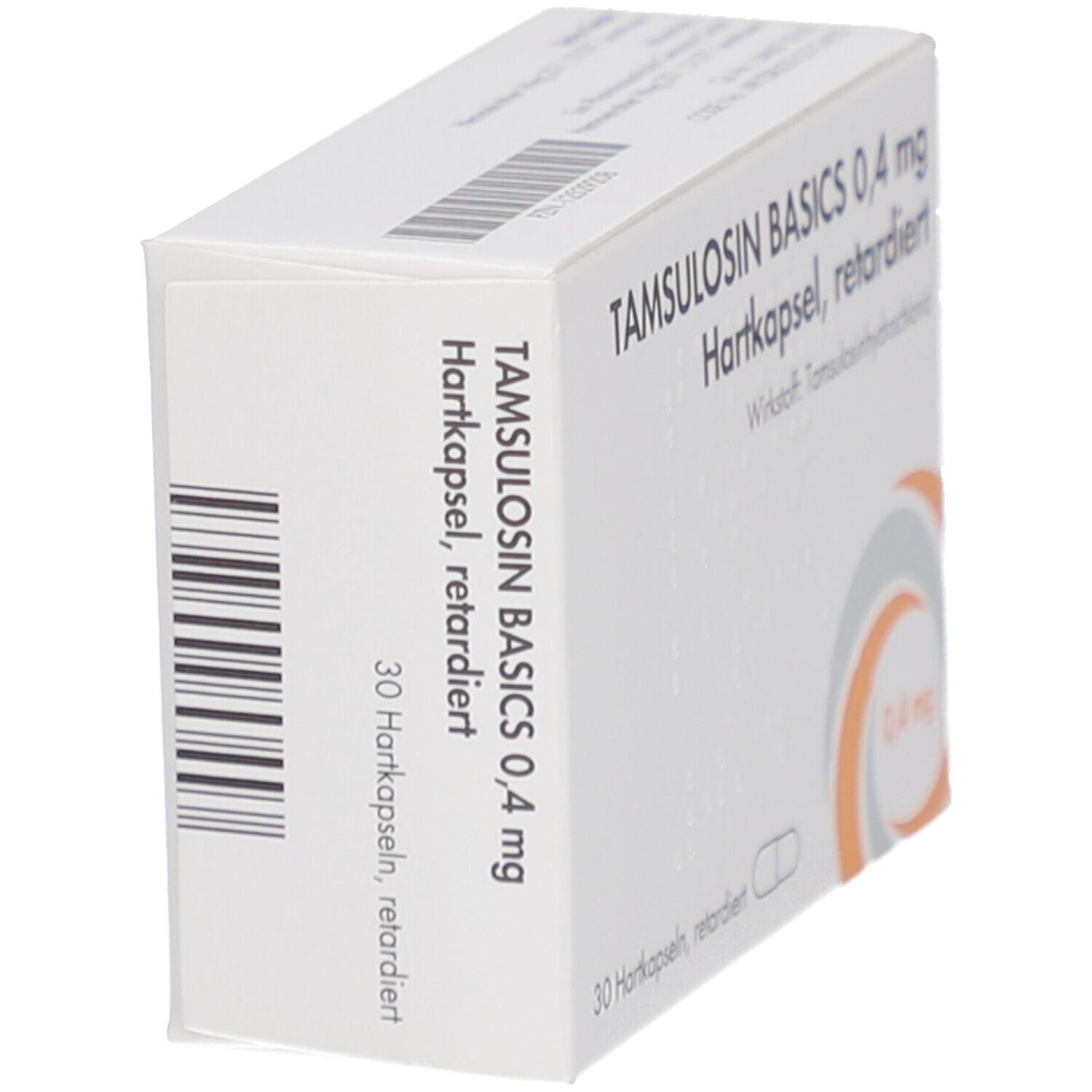 Schräg stehende weiße Medikamentenverpackung mit Aufschrift Tamsulosin Basics 0,4 mg. Barcode und orangefarbenes Designelement.