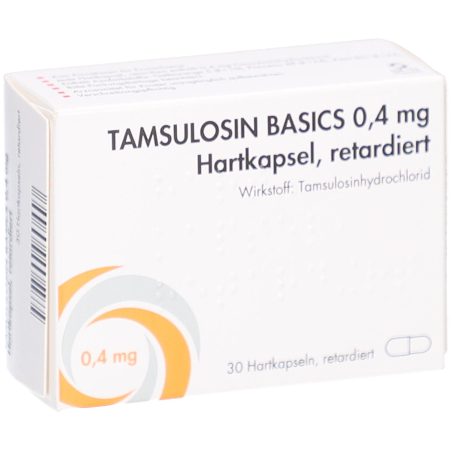Weißer Karton mit Aufschrift Tamsulosin Basics 0,4 mg. Enthält 30 Hartkapseln. Orangefarbenes Designelement.
