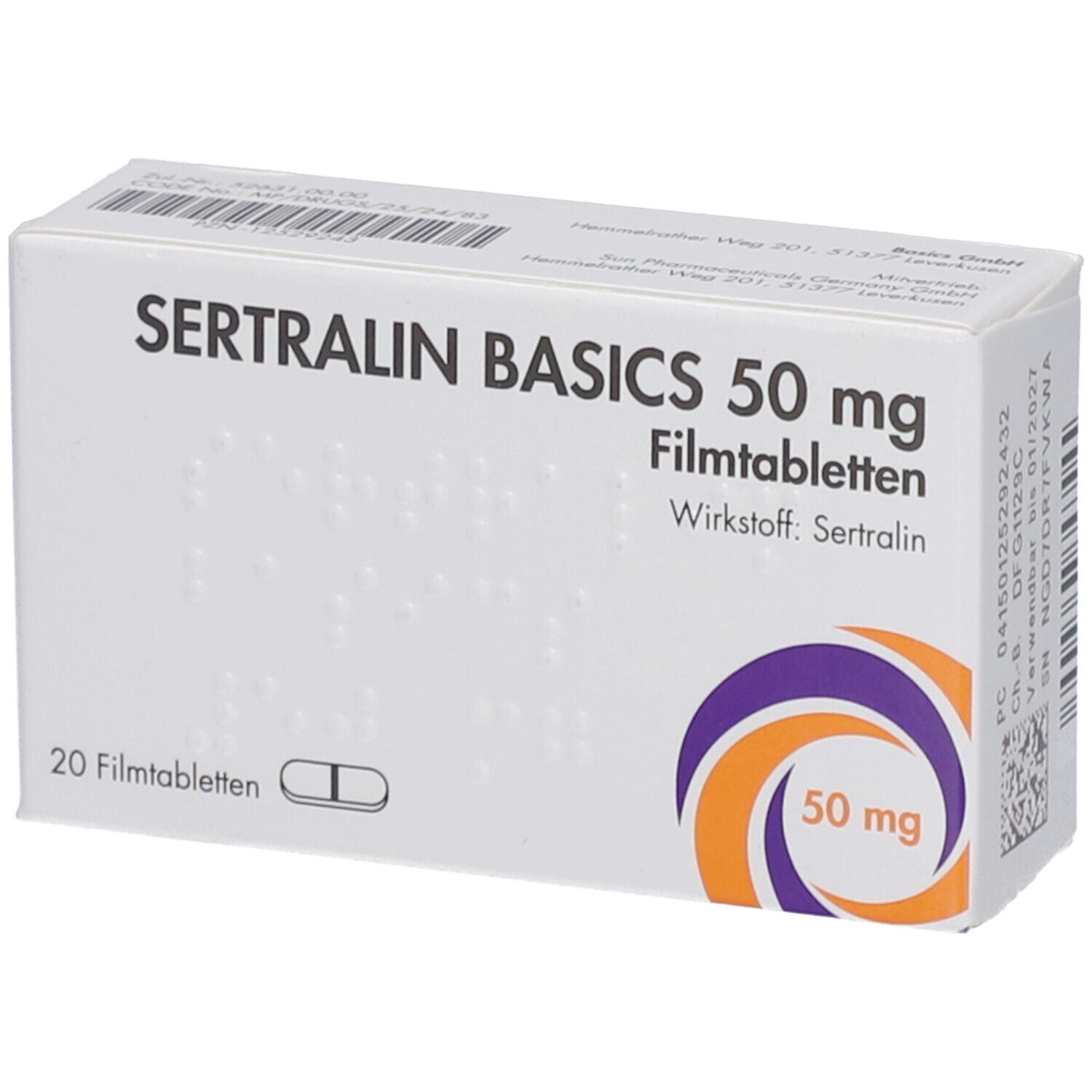 Schachtel mit SERTRALIN BASICS 50 mg Filmtabletten. Aufdruck: 20 Filmtabletten, Wirkstoff Sertralin, 50 mg. Lila-orangefarbenes Logo.