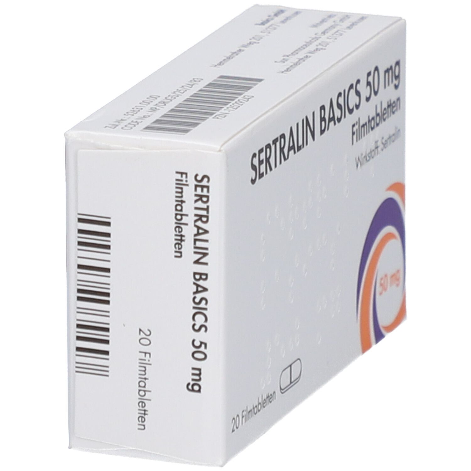 Schachtel SERTRALIN BASICS 50 mg Filmtabletten. Aufdruck: 20 Filmtabletten, Wirkstoff Sertralin, 50 mg. Lila-orangefarbenes Logo.