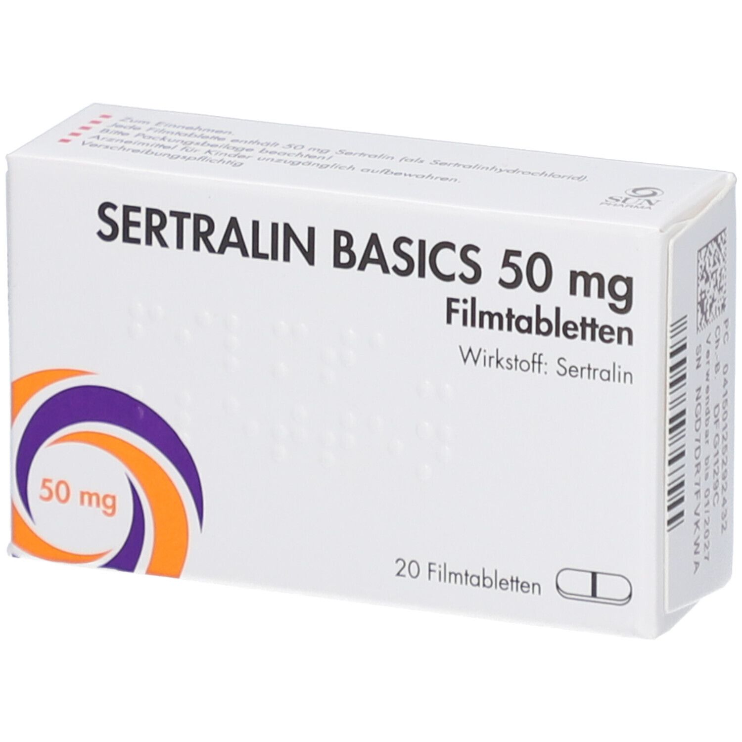 Schachtel mit SERTRALIN BASICS 50 mg Filmtabletten. Aufdruck: 20 Filmtabletten, Wirkstoff Sertralin, 50 mg. Lila-orangefarbenes Logo.