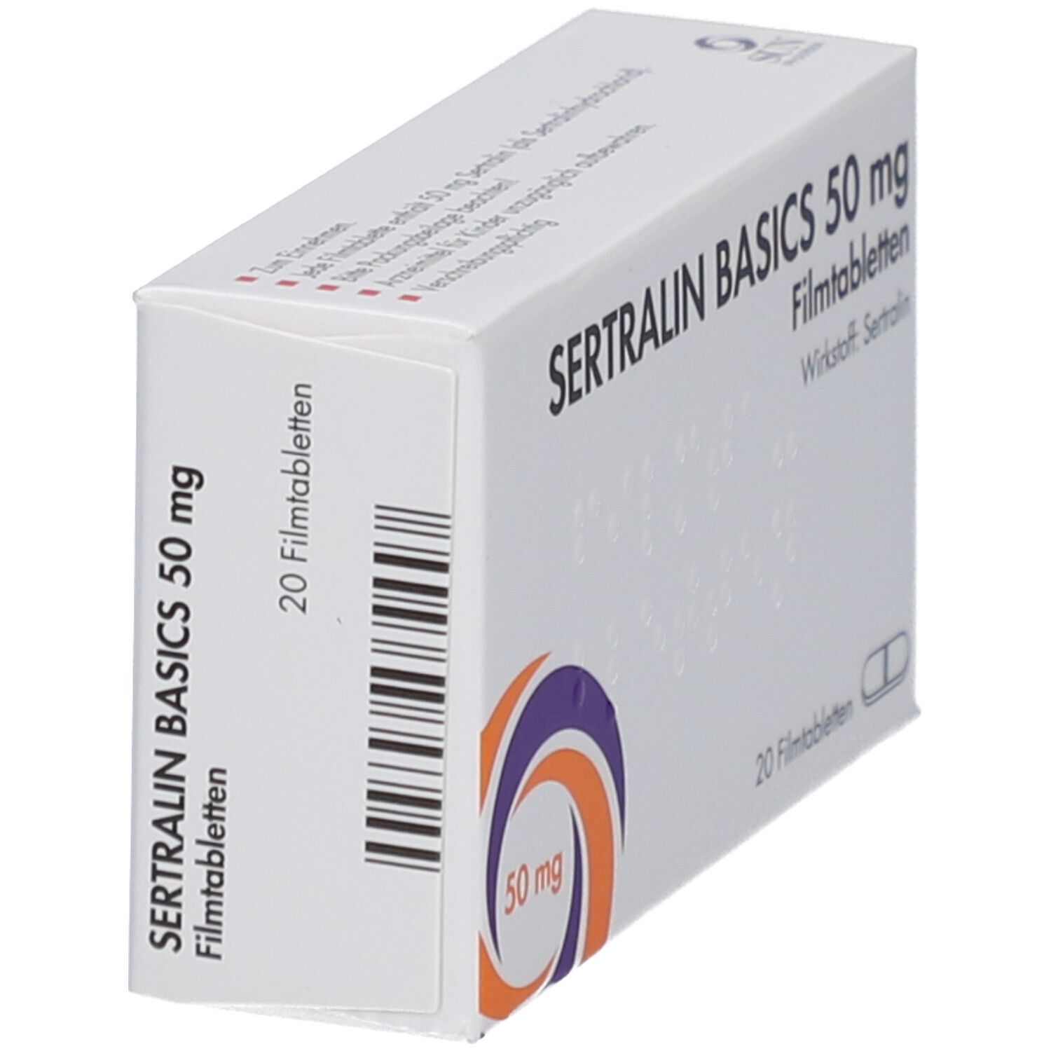 Schachtel SERTRALIN BASICS 50 mg Filmtabletten. Aufdruck: 20 Filmtabletten, Wirkstoff Sertralin, 50 mg. Lila-orangefarbenes Logo.
