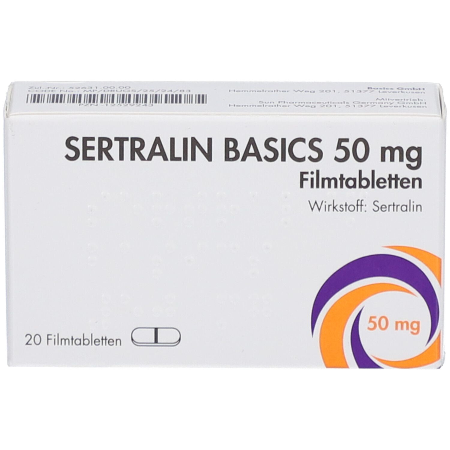 Schachtel mit SERTRALIN BASICS 50 mg Filmtabletten. Aufdruck: 20 Filmtabletten, Wirkstoff Sertralin, 50 mg. Lila-orangefarbenes Logo.