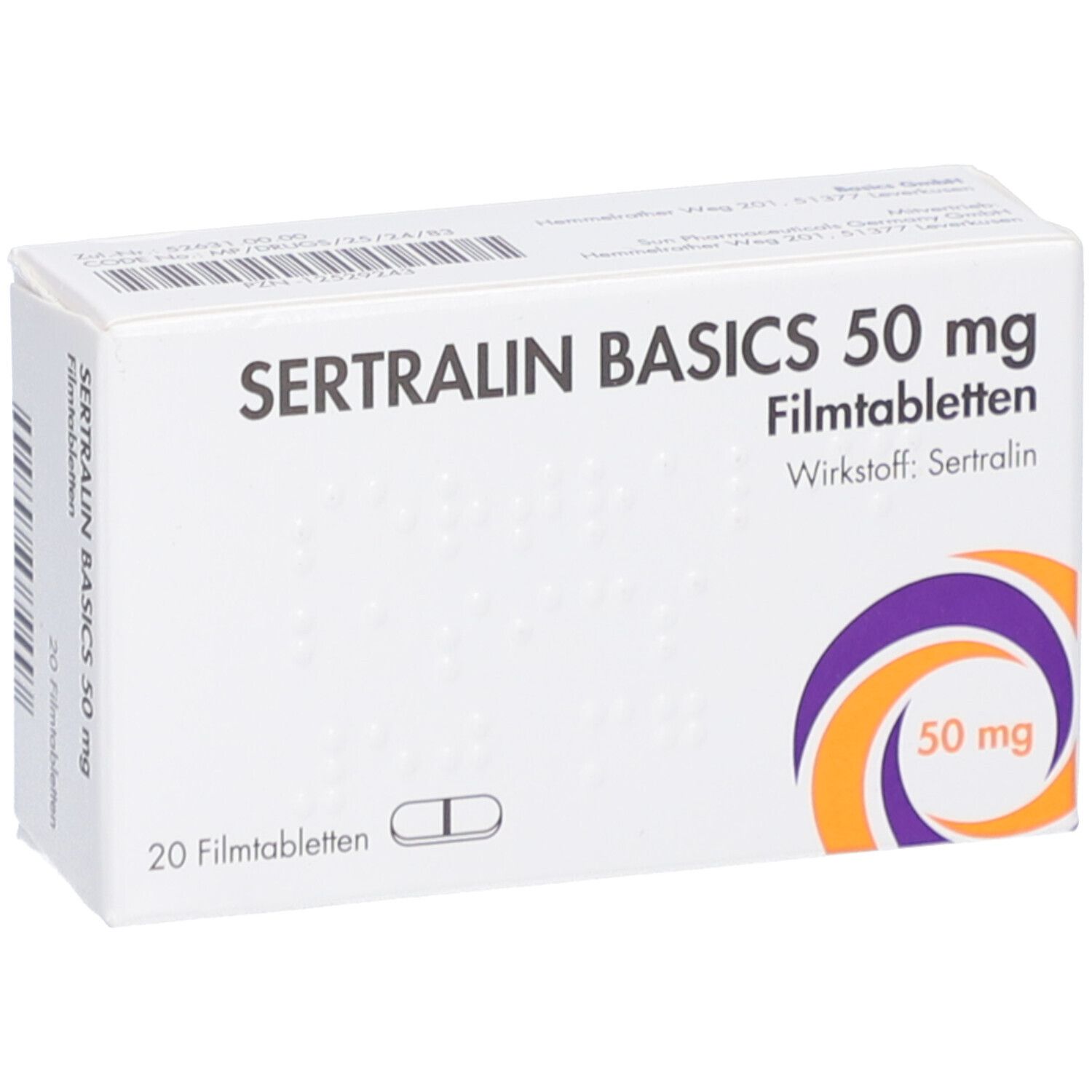 Schachtel mit SERTRALIN BASICS 50 mg Filmtabletten. Aufdruck: 20 Filmtabletten, Wirkstoff Sertralin, 50 mg. Lila-orangefarbenes Logo.