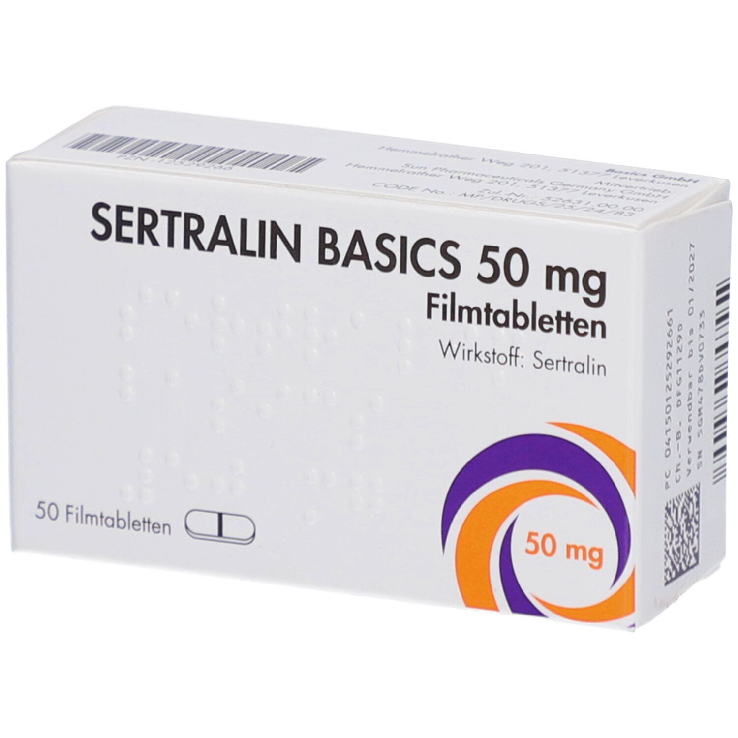 Schachtel SERTRALIN BASICS 50 mg Filmtabletten. Aufschrift: 50 mg, 50 Filmtabletten, Wirkstoff Sertralin. Logo: orange-lila Kreis.