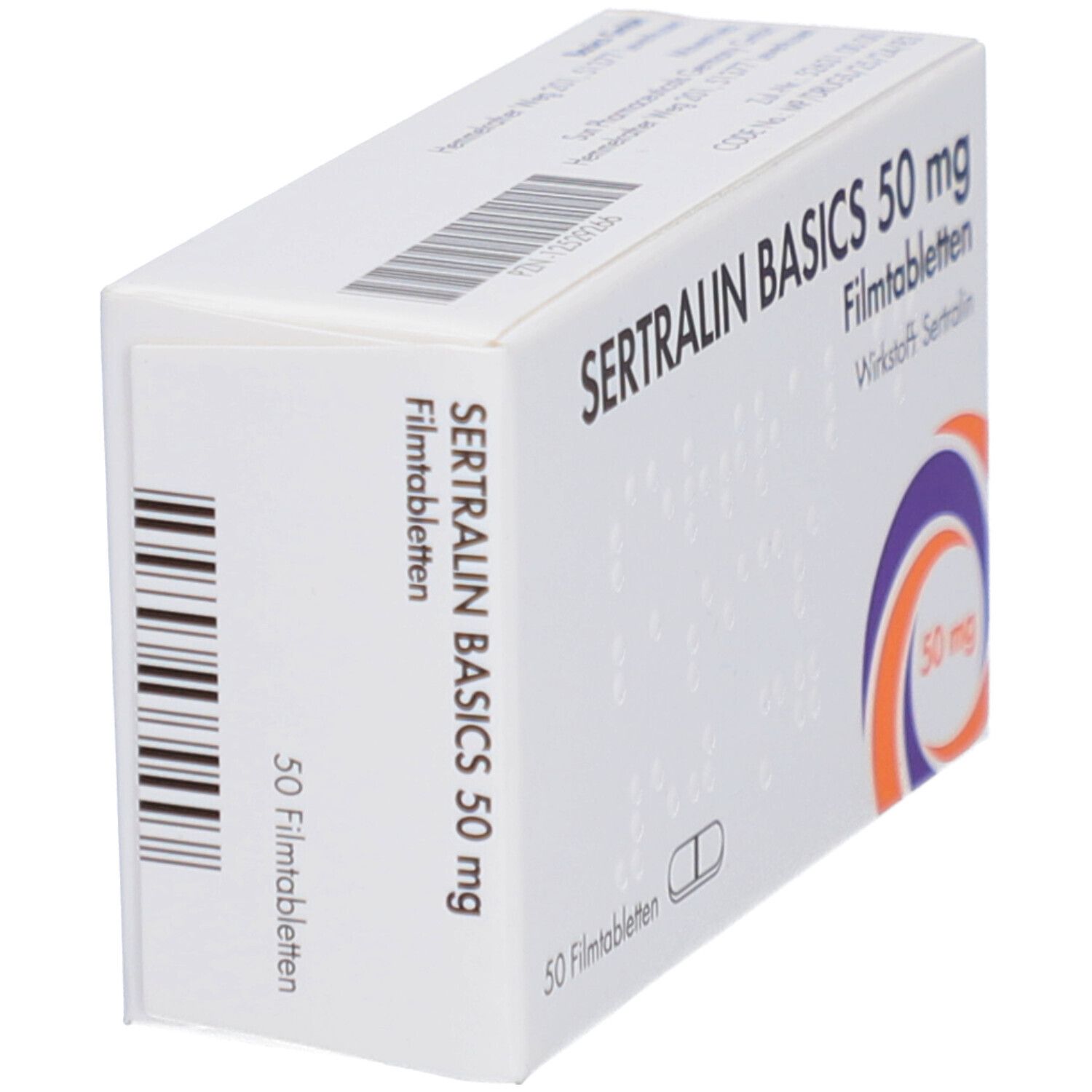 Schachtel SERTRALIN BASICS 50 mg Filmtabletten. Aufschrift: 50 mg, 50 Filmtabletten, Wirkstoff Sertralin. Logo: orange-lila Kreis.
