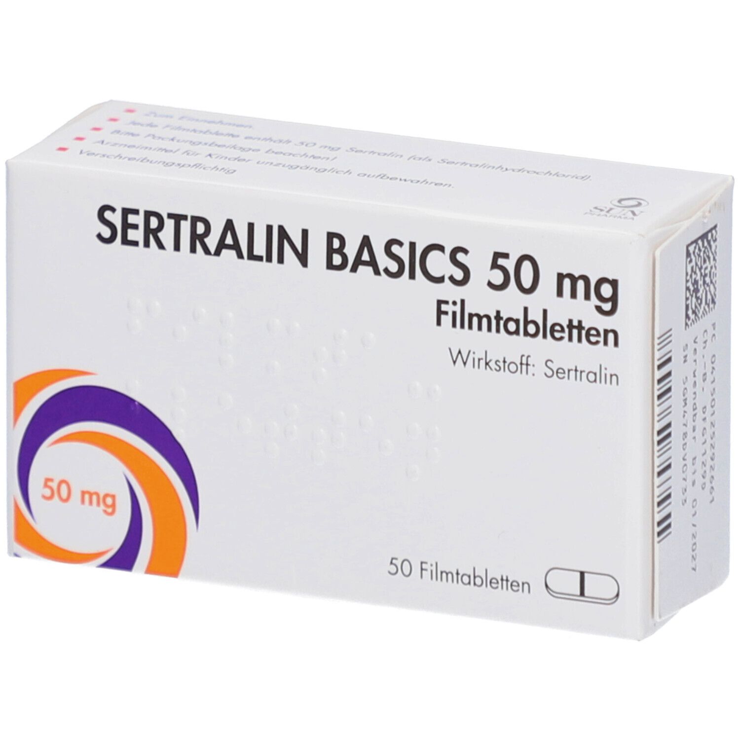 Schachtel SERTRALIN BASICS 50 mg Filmtabletten. Aufschrift: 50 mg, 50 Filmtabletten, Wirkstoff Sertralin. Logo: orange-lila Kreis.