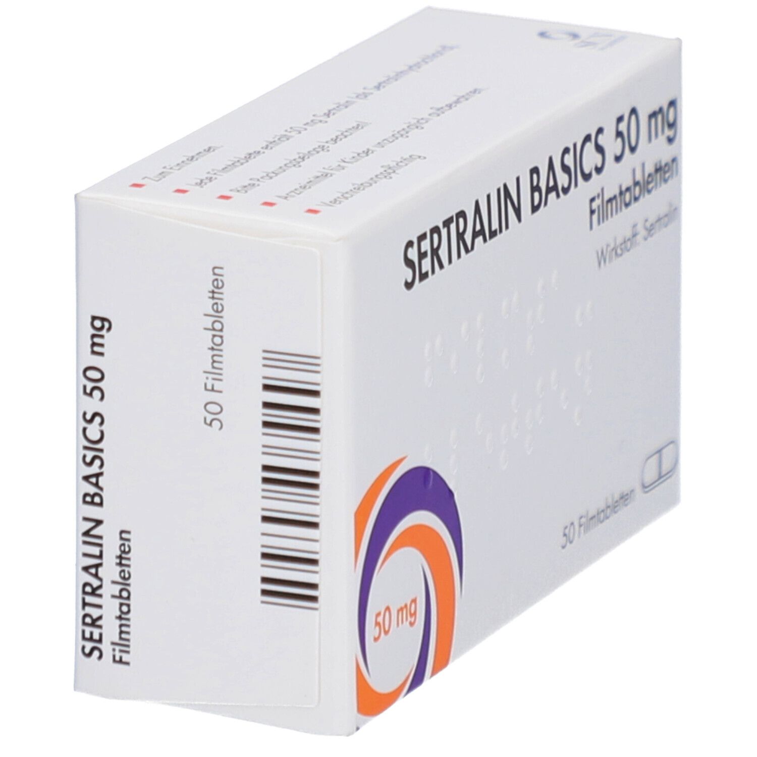Schachtel SERTRALIN BASICS 50 mg Filmtabletten. Aufschrift: 50 mg, 50 Filmtabletten, Wirkstoff Sertralin. Logo: orange-lila Kreis.