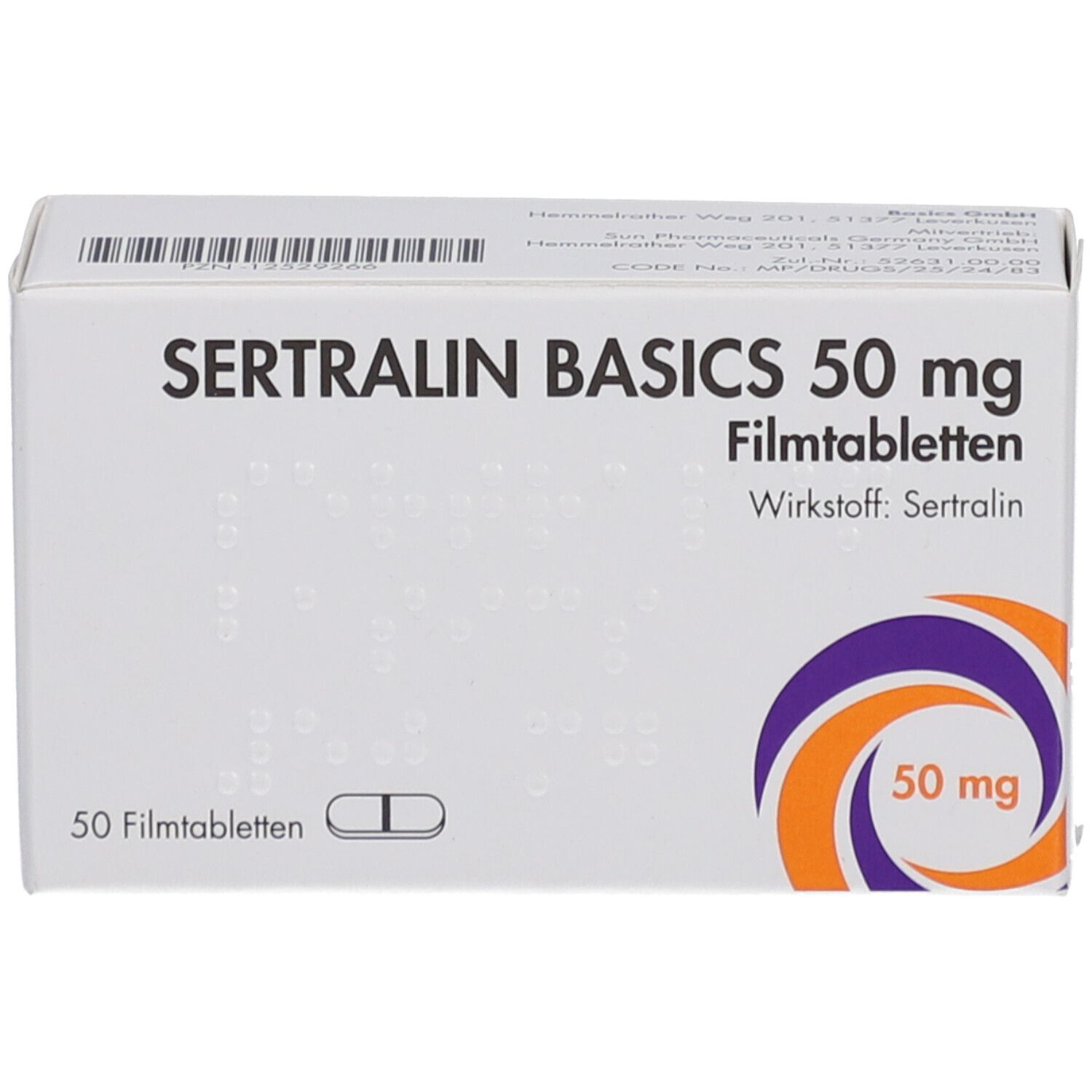 Schachtel SERTRALIN BASICS 50 mg Filmtabletten. Aufschrift: 50 mg, 50 Filmtabletten, Wirkstoff Sertralin. Logo: orange-lila Kreis.
