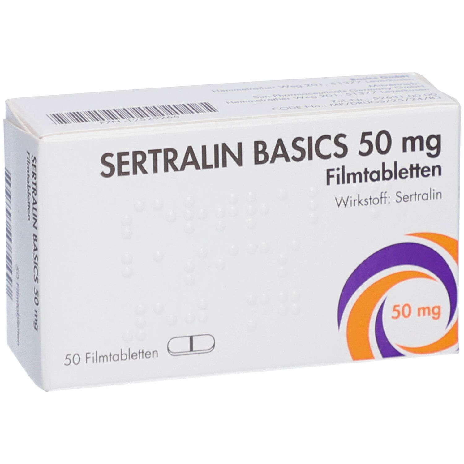 Schachtel SERTRALIN BASICS 50 mg Filmtabletten. Aufschrift: 50 mg, 50 Filmtabletten, Wirkstoff Sertralin. Logo: orange-lila Kreis.
