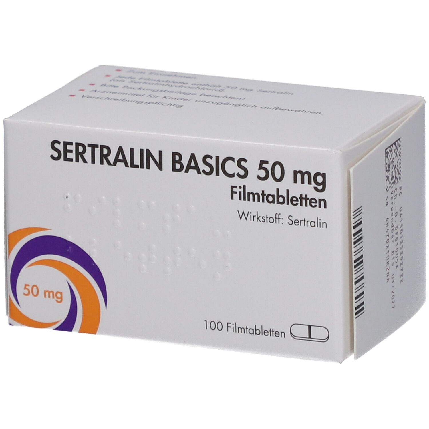 Schachtel SERTRALIN BASICS 50 mg Filmtabletten. Aufdruck: 100 Filmtabletten, Wirkstoff Sertralin. Logo: lila-orange. Braille-Schrift.