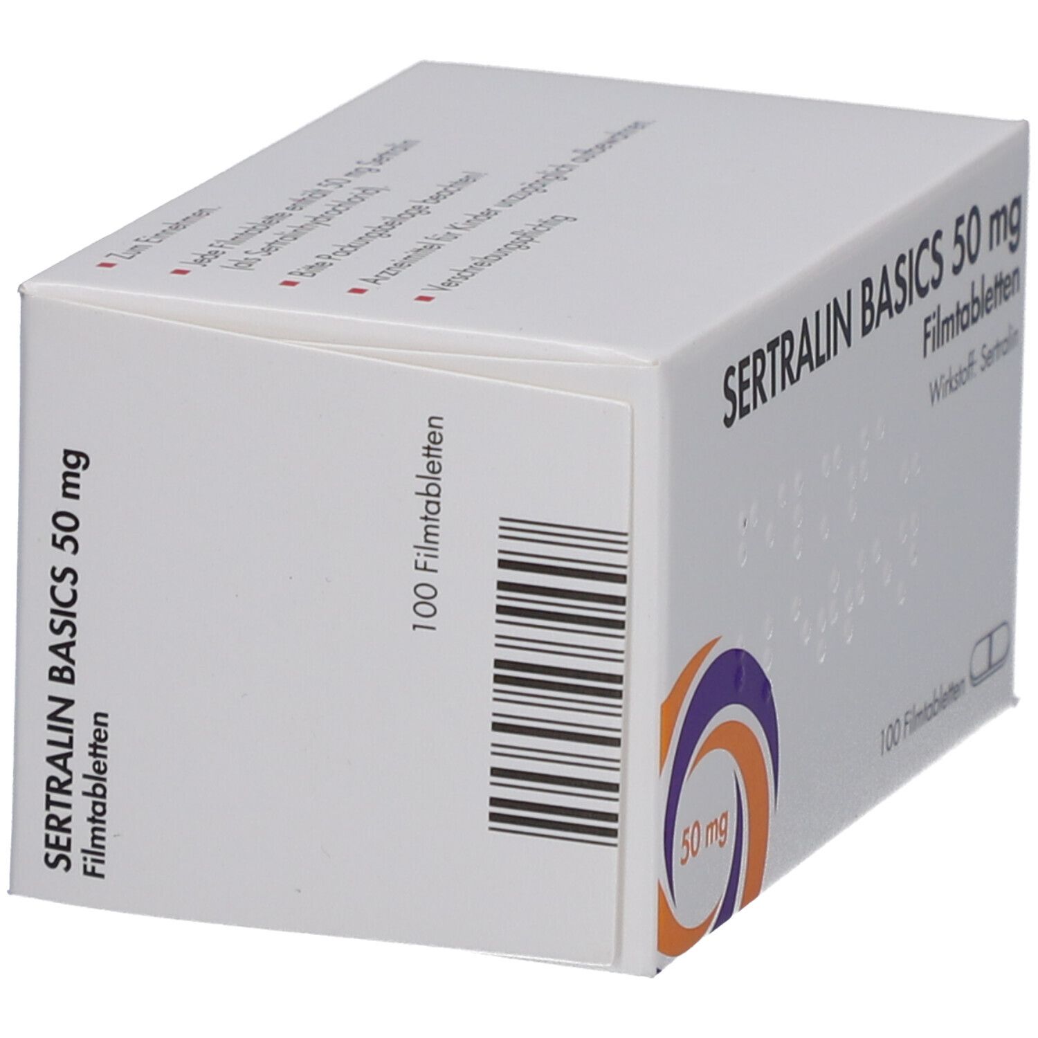 Schachtel SERTRALIN BASICS 50 mg Filmtabletten. Aufdruck: 100 Filmtabletten, Wirkstoff Sertralin. Logo: lila-orange. Barcode.