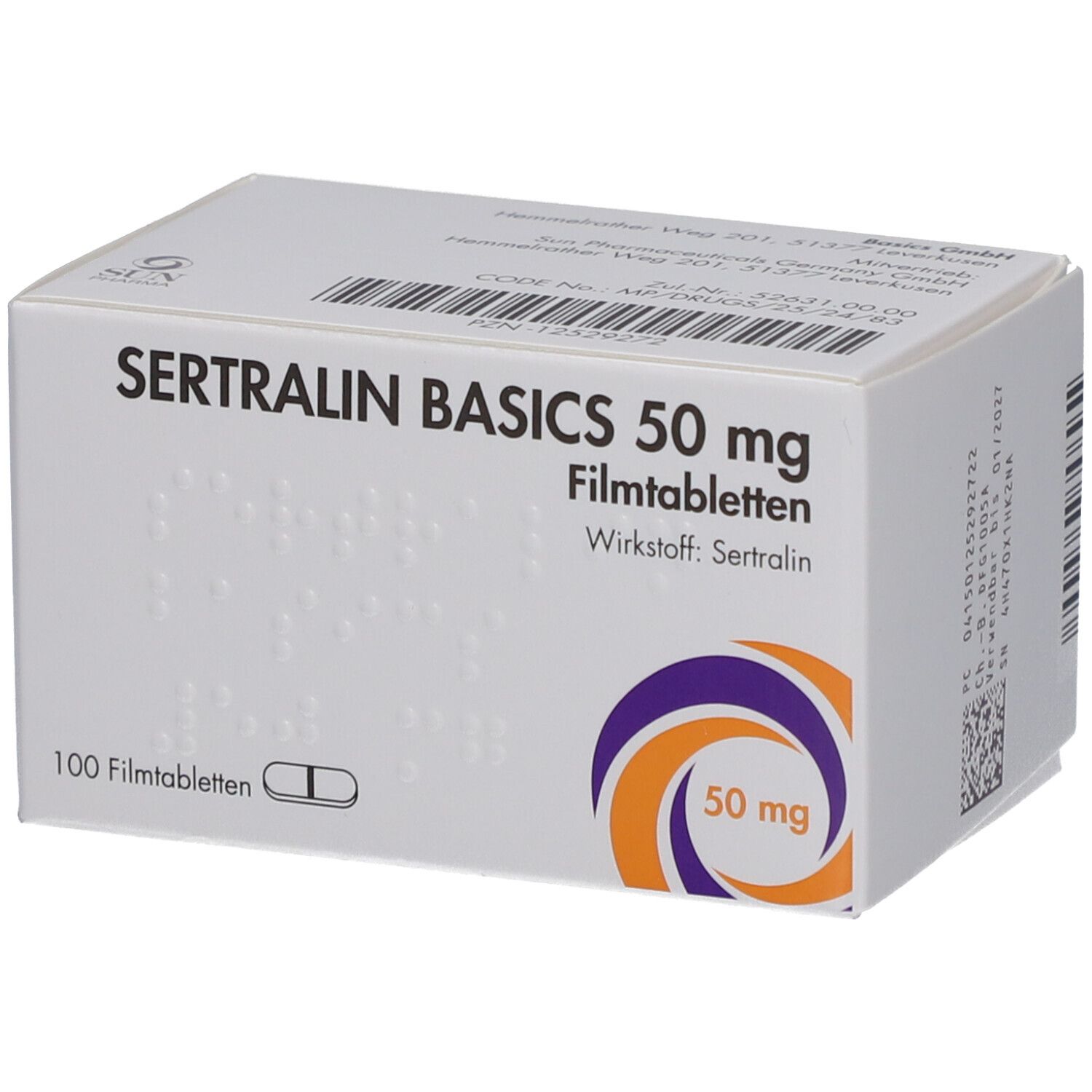 Schachtel SERTRALIN BASICS 50 mg Filmtabletten. Aufdruck: 100 Filmtabletten, Wirkstoff Sertralin. Logo: lila-orange. Braille-Schrift.