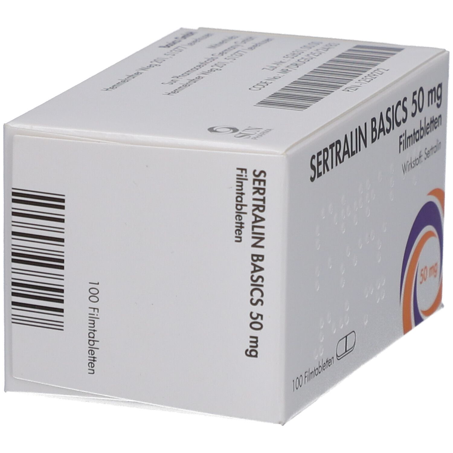 Schachtel SERTRALIN BASICS 50 mg Filmtabletten. Aufdruck: 100 Filmtabletten, Wirkstoff Sertralin. Logo: lila-orange. Braille-Schrift.