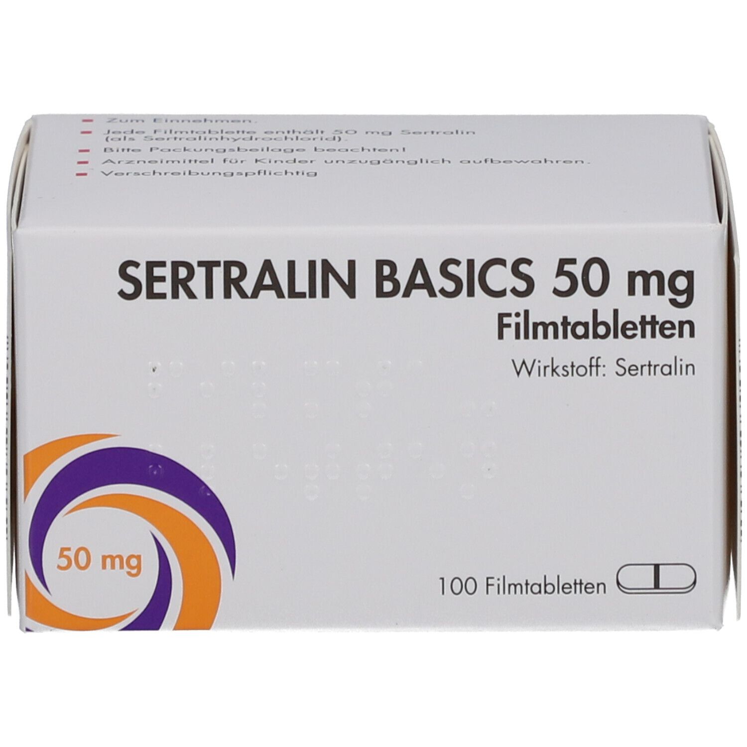 Schachtel SERTRALIN BASICS 50 mg Filmtabletten. Aufdruck: 100 Filmtabletten, Wirkstoff Sertralin. Logo: lila-orange. Braille-Schrift.
