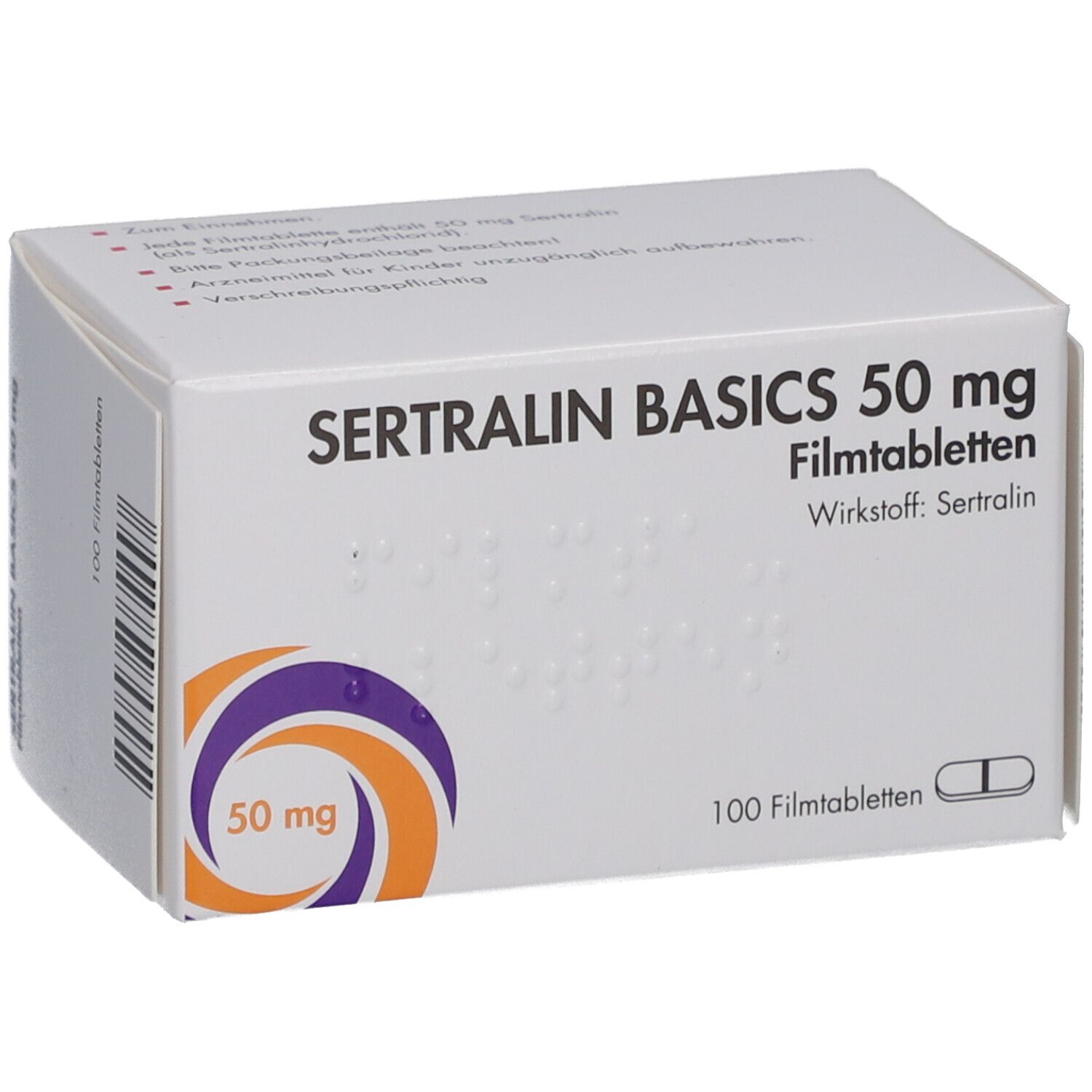 Schachtel SERTRALIN BASICS 50 mg Filmtabletten. Aufdruck: 100 Filmtabletten, Wirkstoff Sertralin. Logo: lila-orange. Braille-Schrift.