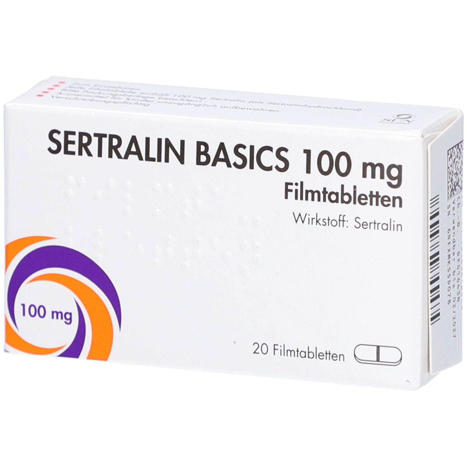 Schachtel mit SERTRALIN BASICS 100 mg Filmtabletten. Aufschrift: 100 mg, 20 Filmtabletten. Wirkstoff: Sertralin. Lila-orange Logo.