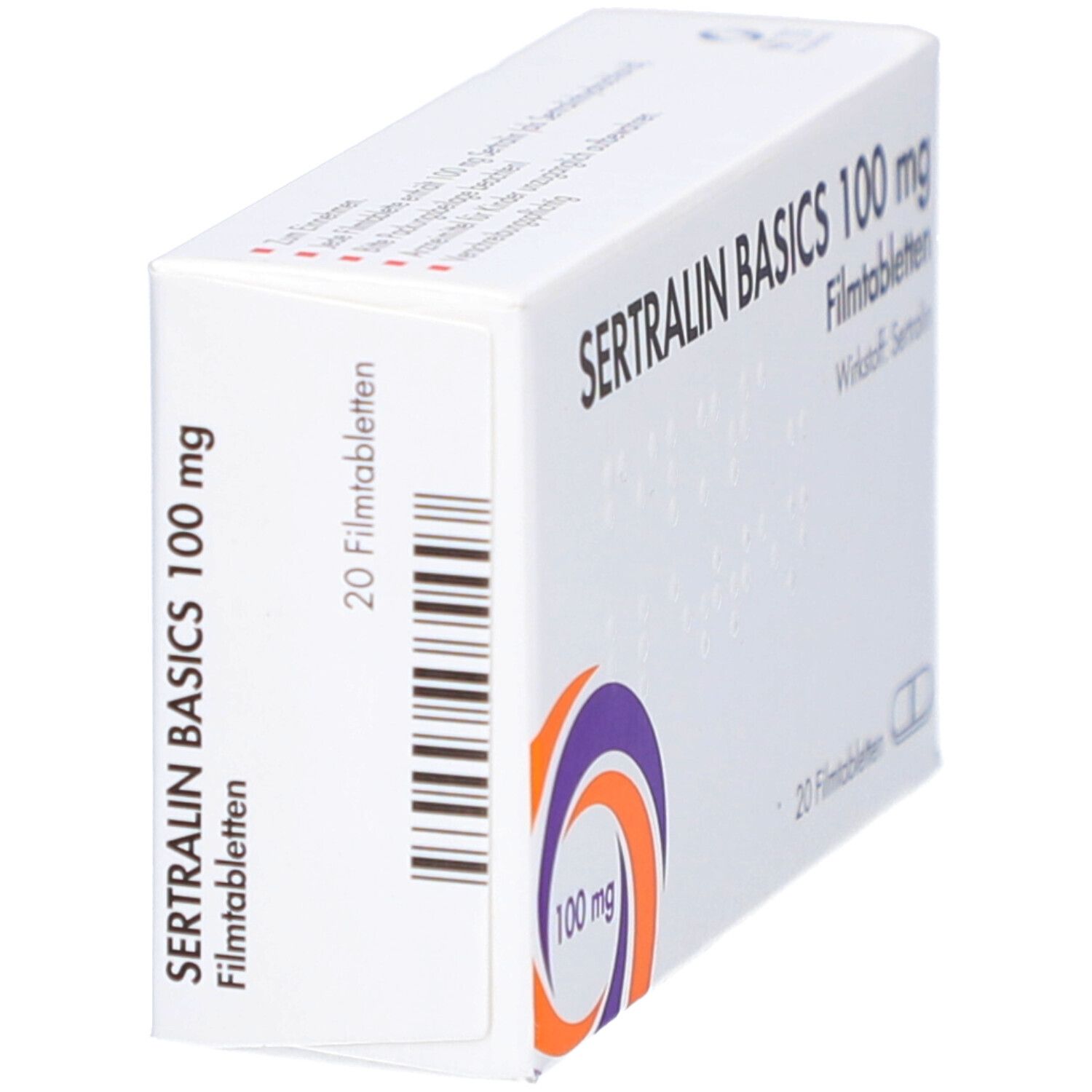 Schachtel SERTRALIN BASICS 100 mg Filmtabletten. Aufschrift: 100 mg, 20 Filmtabletten. Wirkstoff: Sertralin. Lila-orange Logo. Barcode.