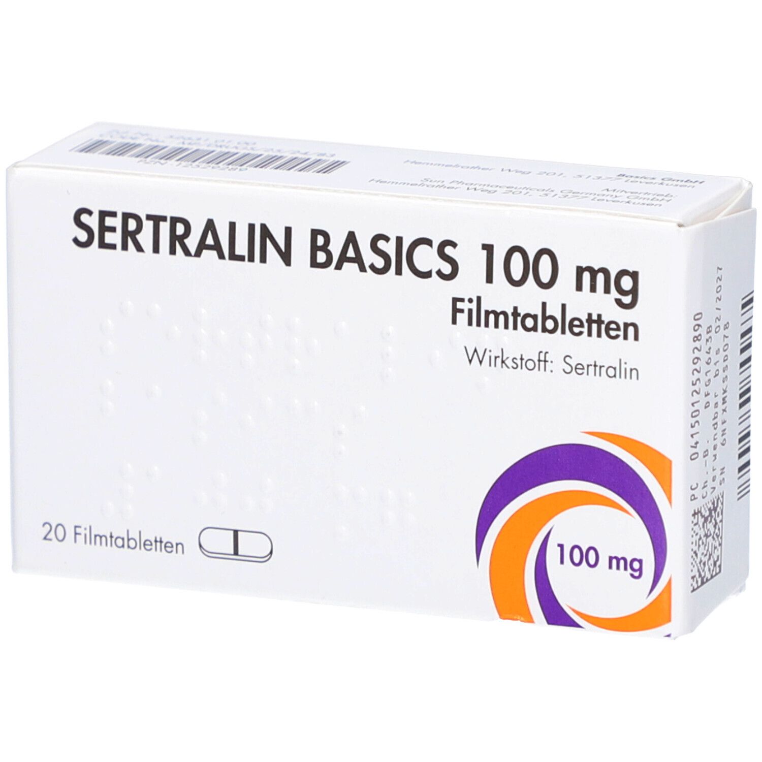 Schachtel SERTRALIN BASICS 100 mg Filmtabletten. Aufschrift: 100 mg, 20 Filmtabletten. Wirkstoff: Sertralin. Lila-orange Logo.