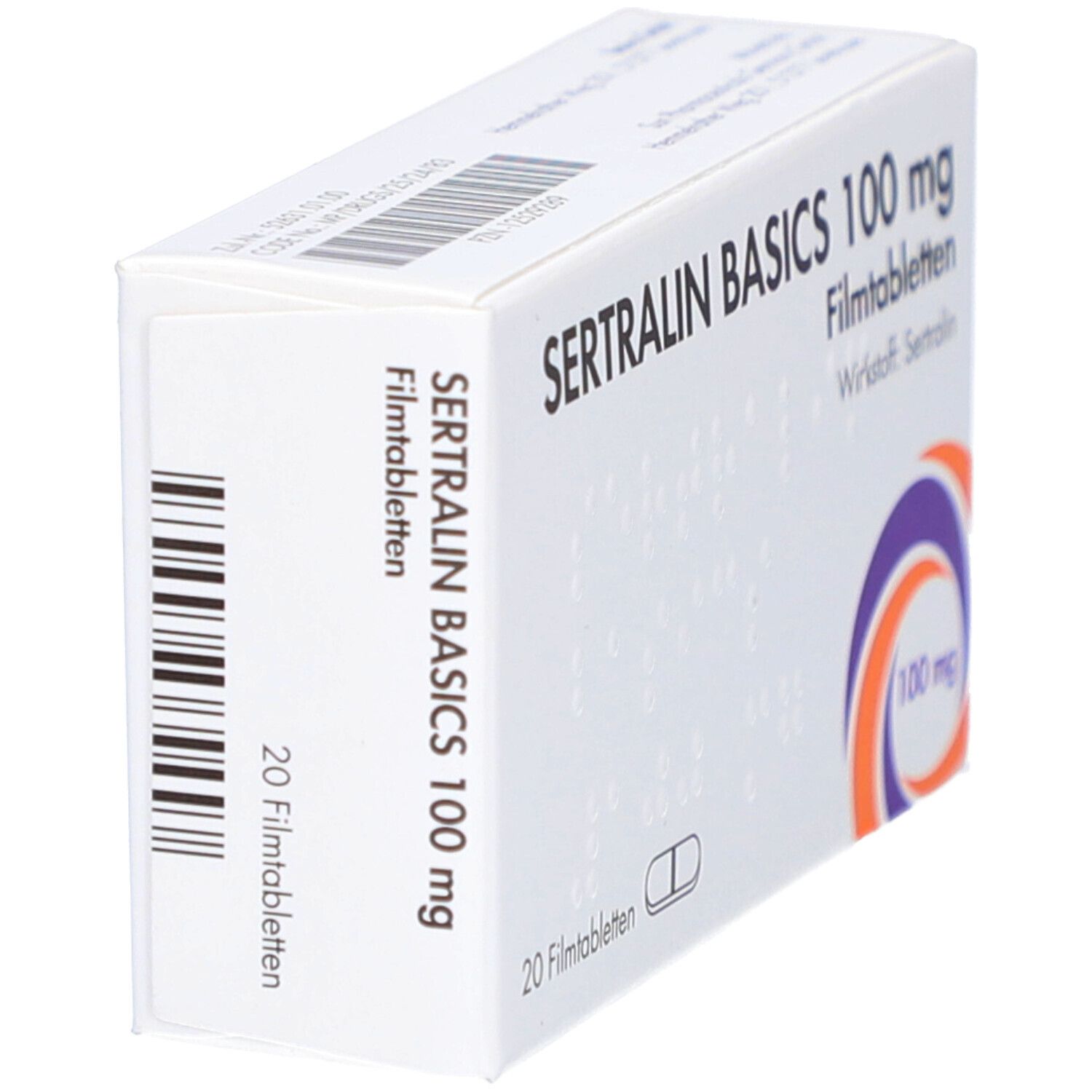 Schachtel SERTRALIN BASICS 100 mg Filmtabletten. Aufschrift: 100 mg, 20 Filmtabletten. Wirkstoff: Sertralin. Lila-orange Logo.