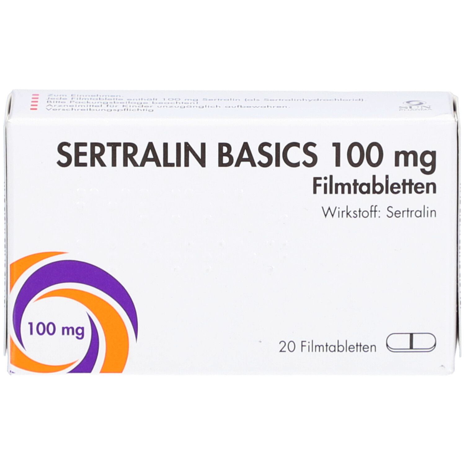 Schachtel SERTRALIN BASICS 100 mg Filmtabletten. Aufschrift: 100 mg, 20 Filmtabletten. Wirkstoff: Sertralin. Lila-orange Logo.