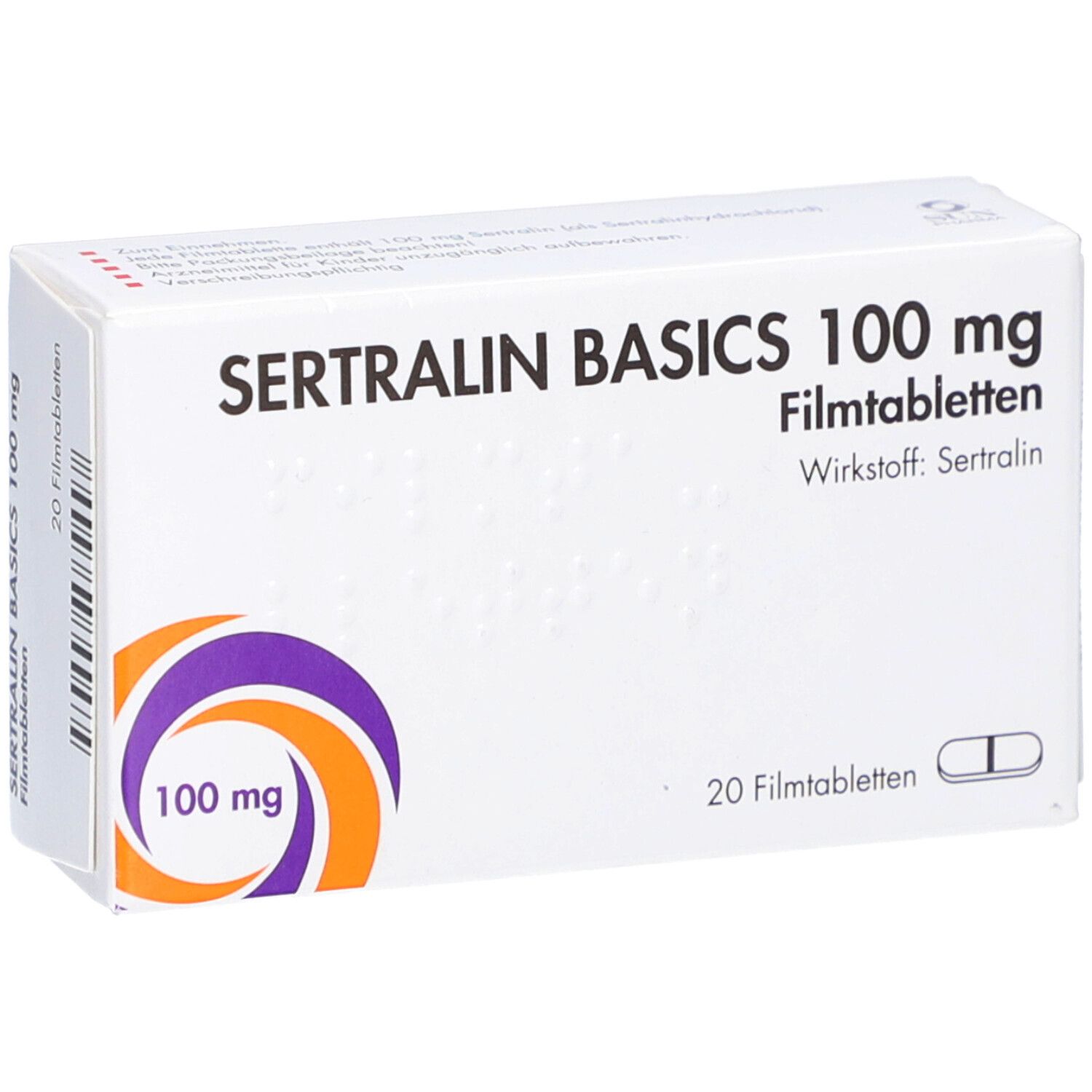 Schachtel SERTRALIN BASICS 100 mg Filmtabletten. Aufschrift: 100 mg, 20 Filmtabletten. Wirkstoff: Sertralin. Lila-orange Logo.