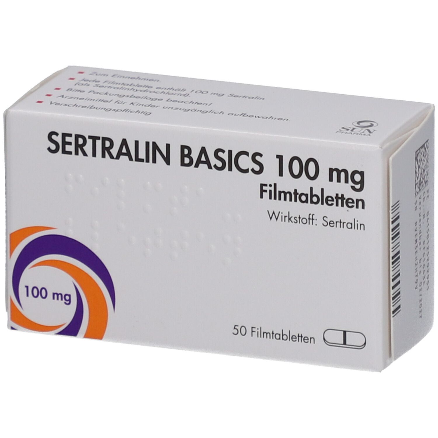 Schachtel mit SERTRALIN BASICS 100 mg Filmtabletten. Aufschrift: 50 Filmtabletten, Wirkstoff: Sertralin. Logo: 100 mg.
