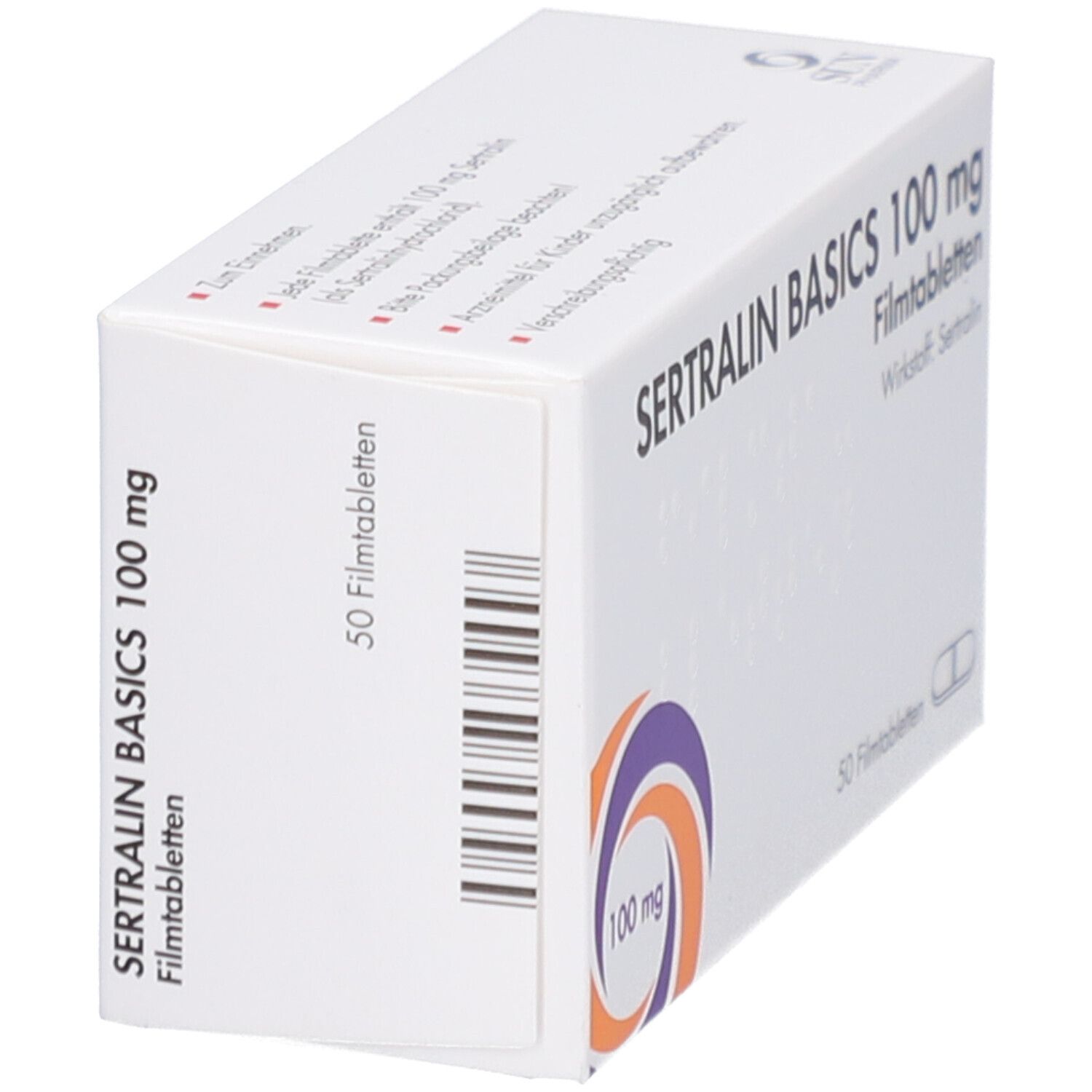 Schachtel SERTRALIN BASICS 100 mg Filmtabletten. Aufschrift: 50 Filmtabletten, Wirkstoff: Sertralin. Logo: 100 mg. Barcode auf der Seite.