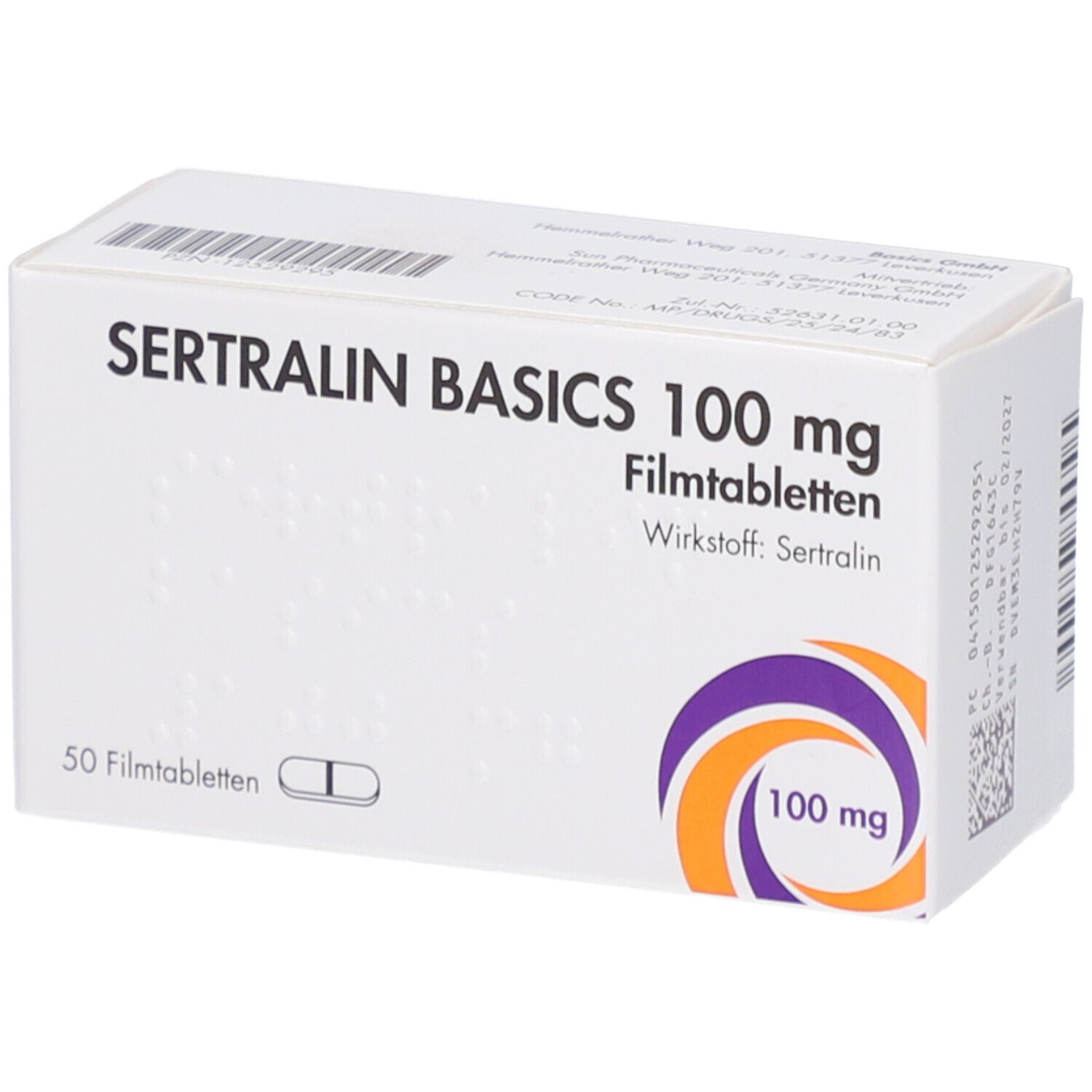 Schachtel SERTRALIN BASICS 100 mg Filmtabletten. Aufschrift: 50 Filmtabletten, Wirkstoff: Sertralin. Logo: 100 mg. Details und Barcode.