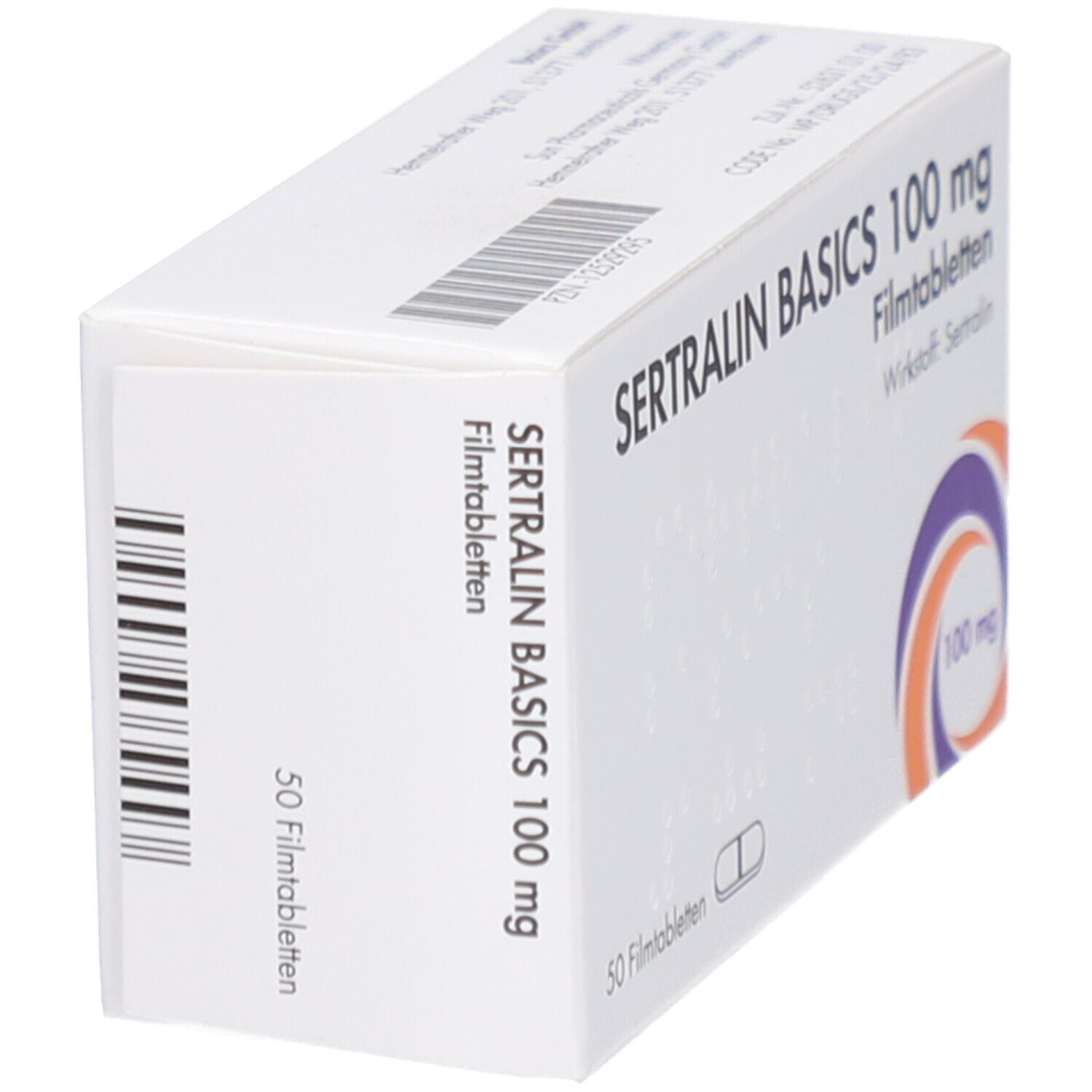 Schachtel SERTRALIN BASICS 100 mg Filmtabletten. Aufschrift: 50 Filmtabletten, Wirkstoff: Sertralin. Logo: 100 mg. Barcode auf der Seite.