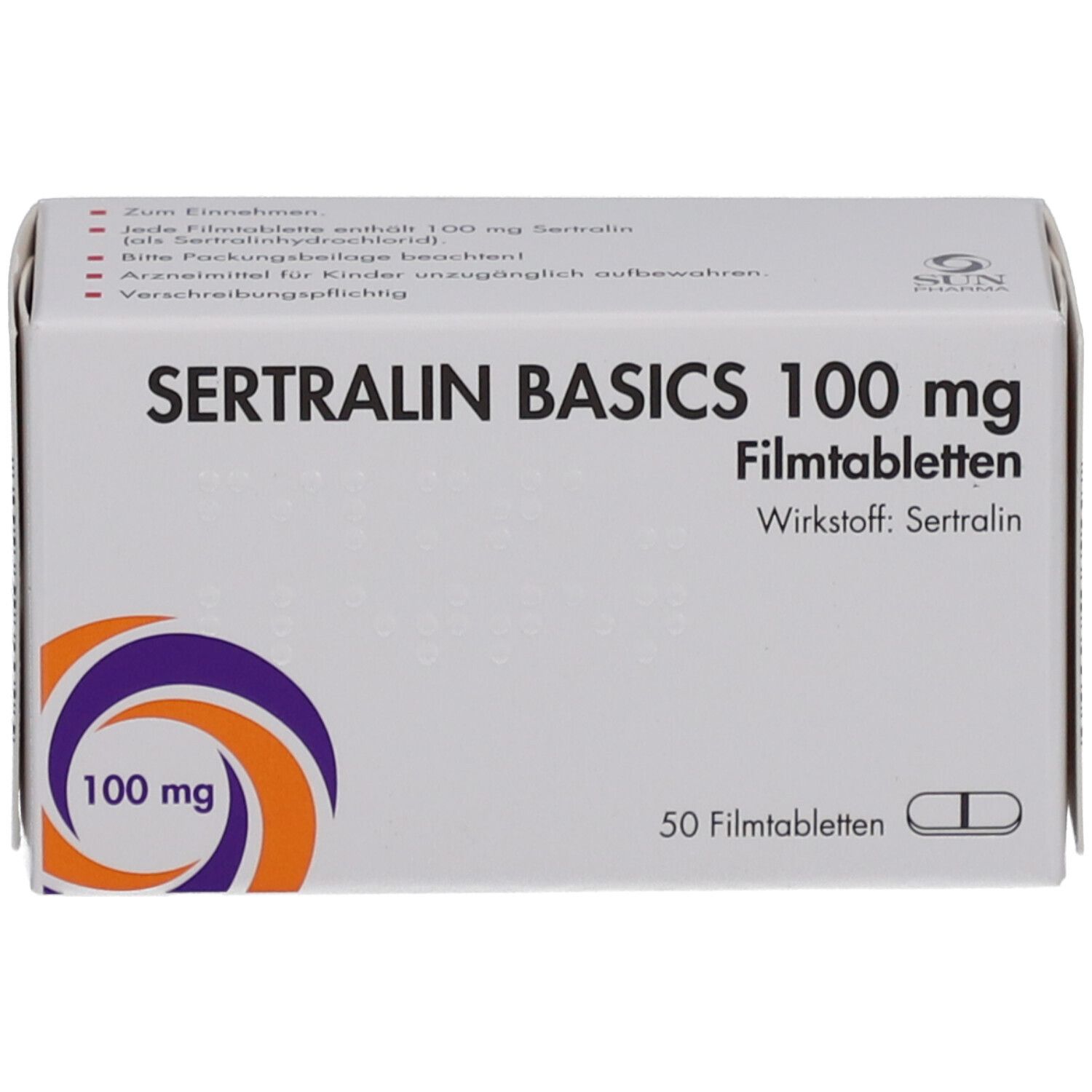 Schachtel SERTRALIN BASICS 100 mg Filmtabletten. Aufschrift: 50 Filmtabletten, Wirkstoff: Sertralin. Logo: 100 mg. Text auf der Verpackung.