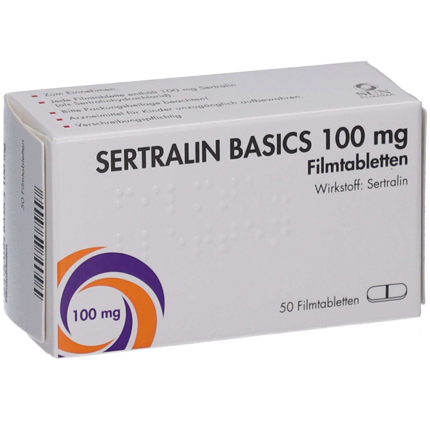 Schachtel SERTRALIN BASICS 100 mg Filmtabletten. Aufschrift: 50 Filmtabletten, Wirkstoff: Sertralin. Logo: 100 mg. Text auf der Verpackung.