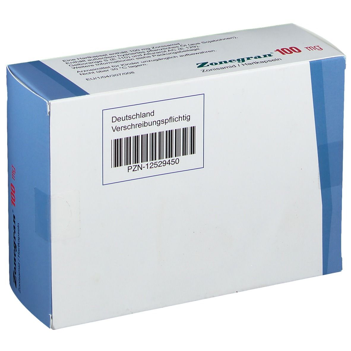 Weiße Schachtel mit blauen Akzenten. Aufdruck: ZONEGRAN 100 mg. Zonisamid / Hartkapseln. Aufkleber mit Text und Barcode.