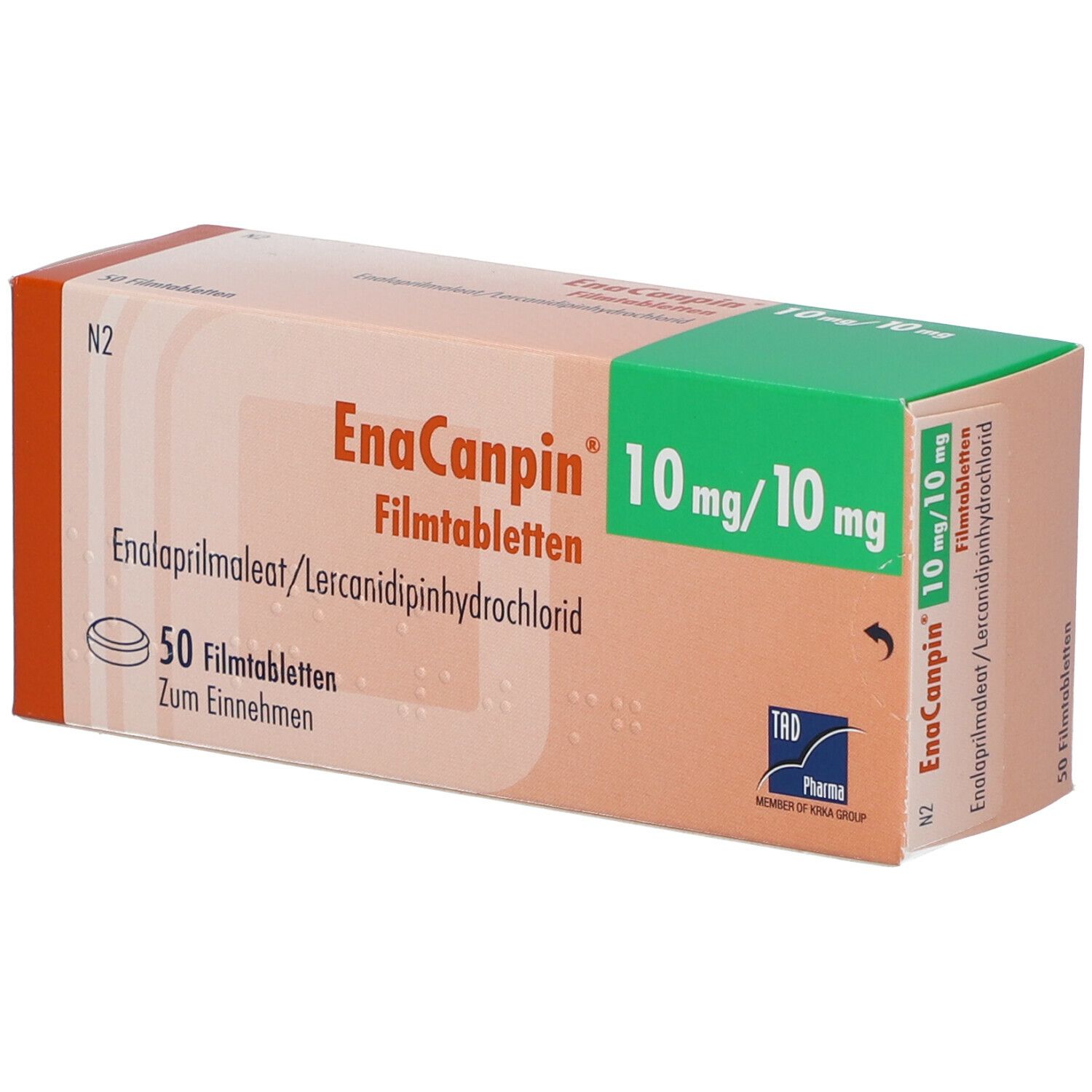 Karton von EnaCanpin 10 mg/10 mg Filmtabletten. Orange-weiß mit grüner Oberseite. Enthält 50 Tabletten. Aufdruck: Enalaprilmaleat/Lercanidipinhydrochlorid.