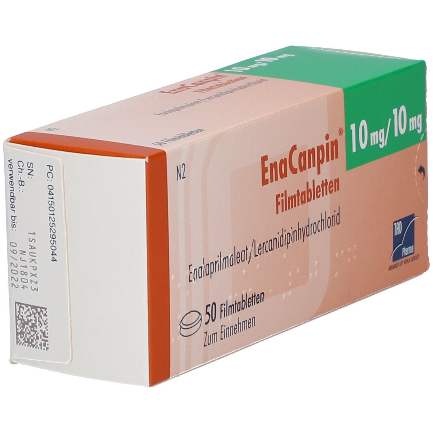 Karton von EnaCanpin 10 mg/10 mg Filmtabletten. Orange-weiß mit grüner Oberseite. Enthält 50 Tabletten. Aufdruck: Enalaprilmaleat/Lercanidipinhydrochlorid. QR-Code und Verfallsdatum.