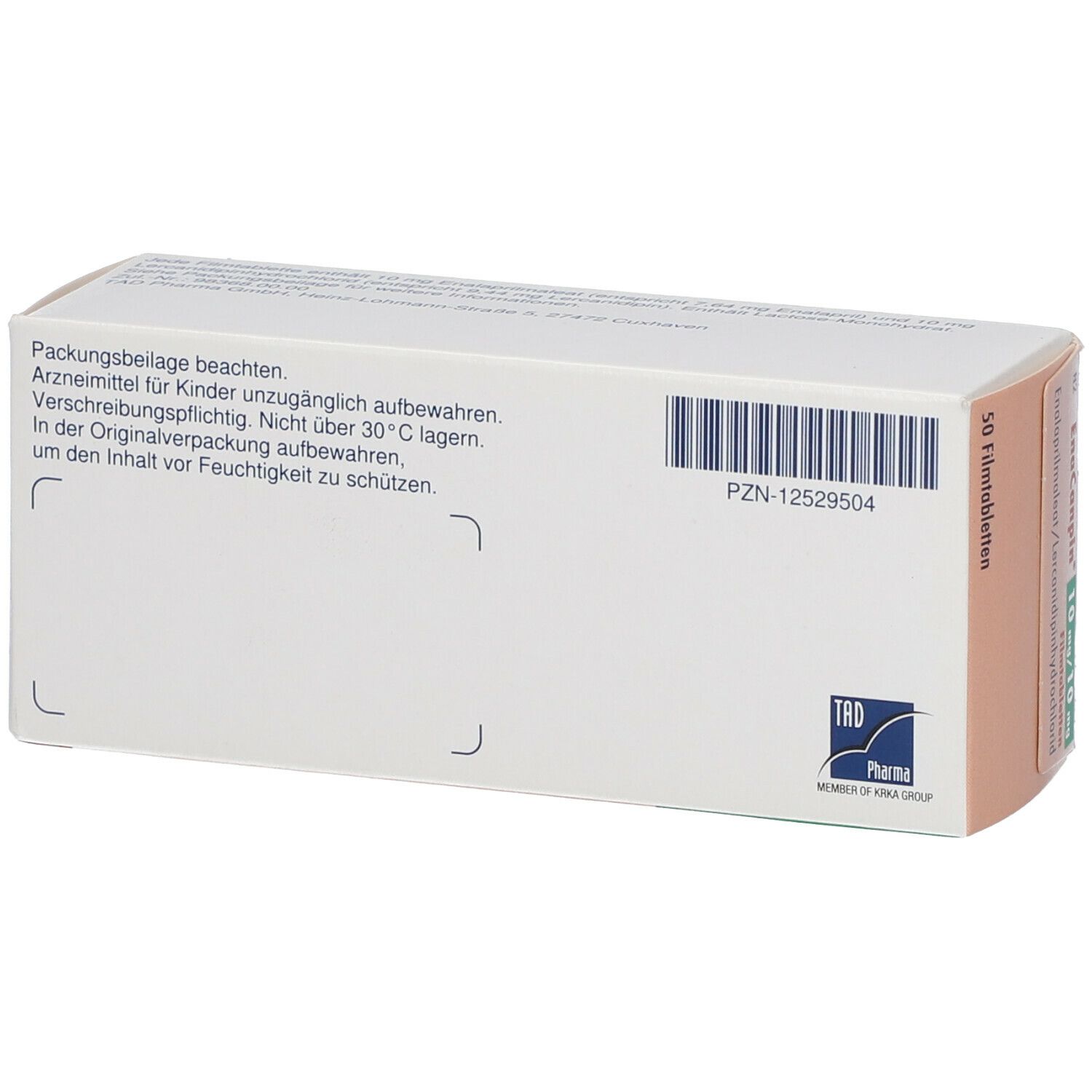 Rückseite des Kartons von EnaCanpin 10 mg/10 mg Filmtabletten. Weiß mit Text und Barcode. Enthält Informationen zur Aufbewahrung und Hersteller.